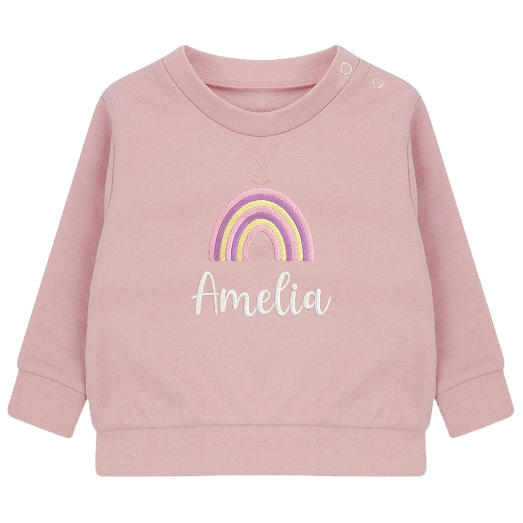 Embroidered Girls Personalised Rainbow Name Baby and Toddler Pink Sustainable Sweatshirts