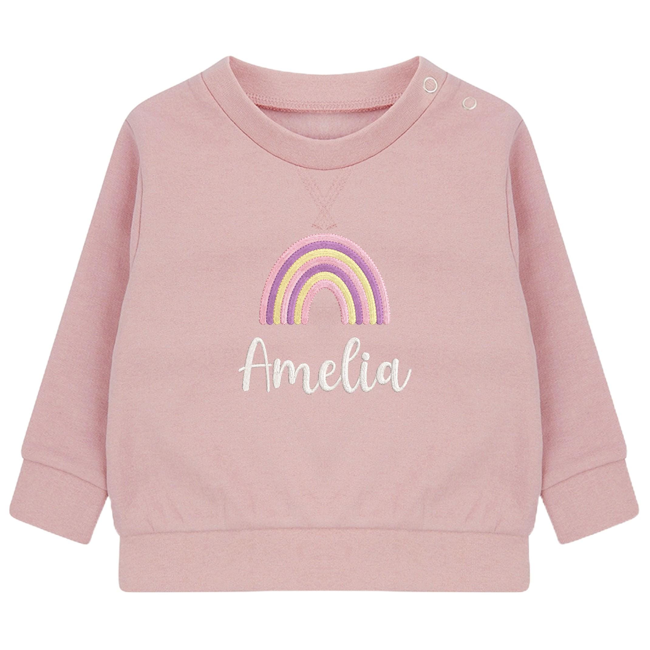 Embroidered Girls Personalised Rainbow Name Baby and Toddler Pink Sustainable Sweatshirts
