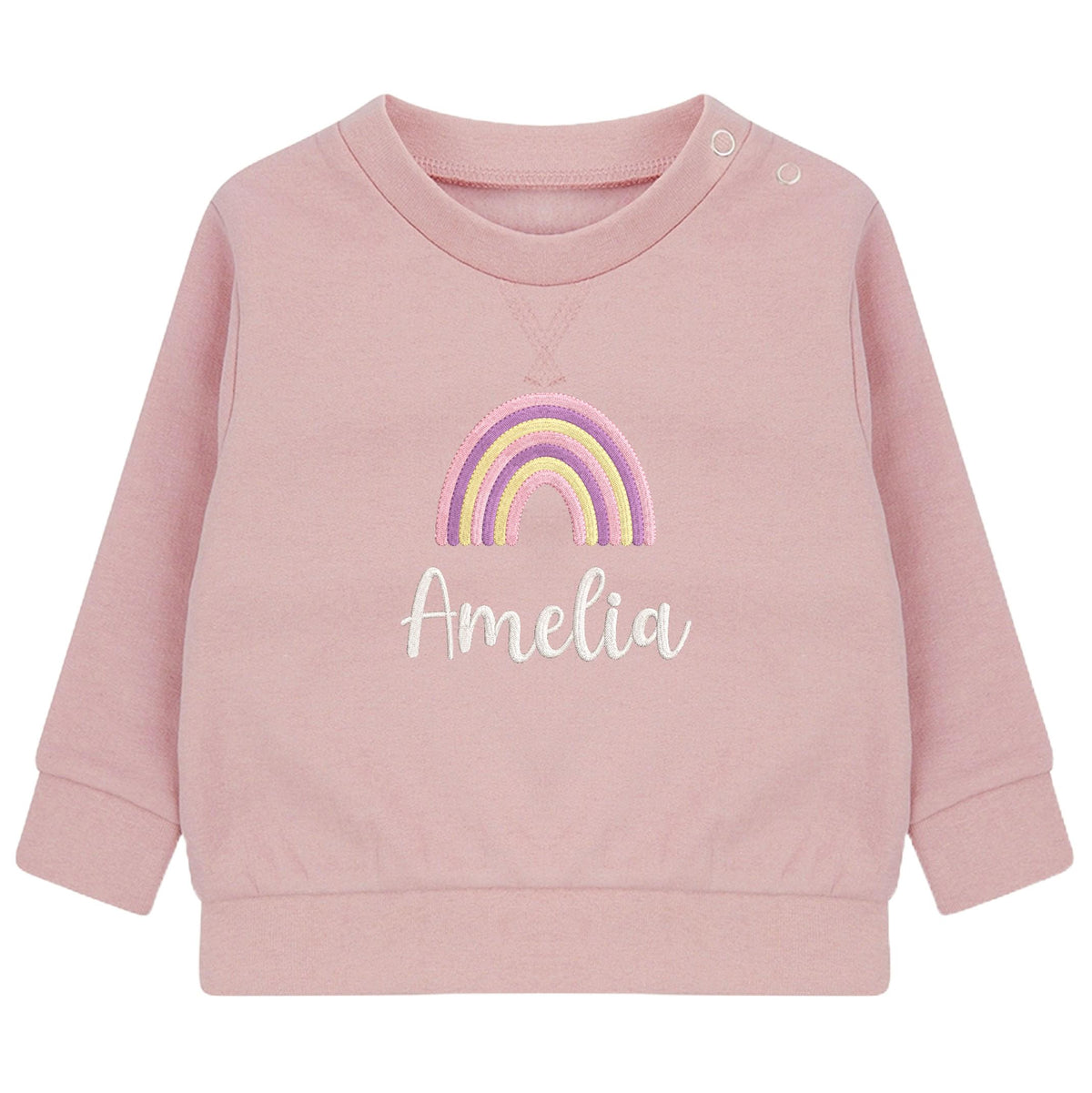 Embroidered Girls Personalised Rainbow Name Baby and Toddler Pink Sustainable Sweatshirts