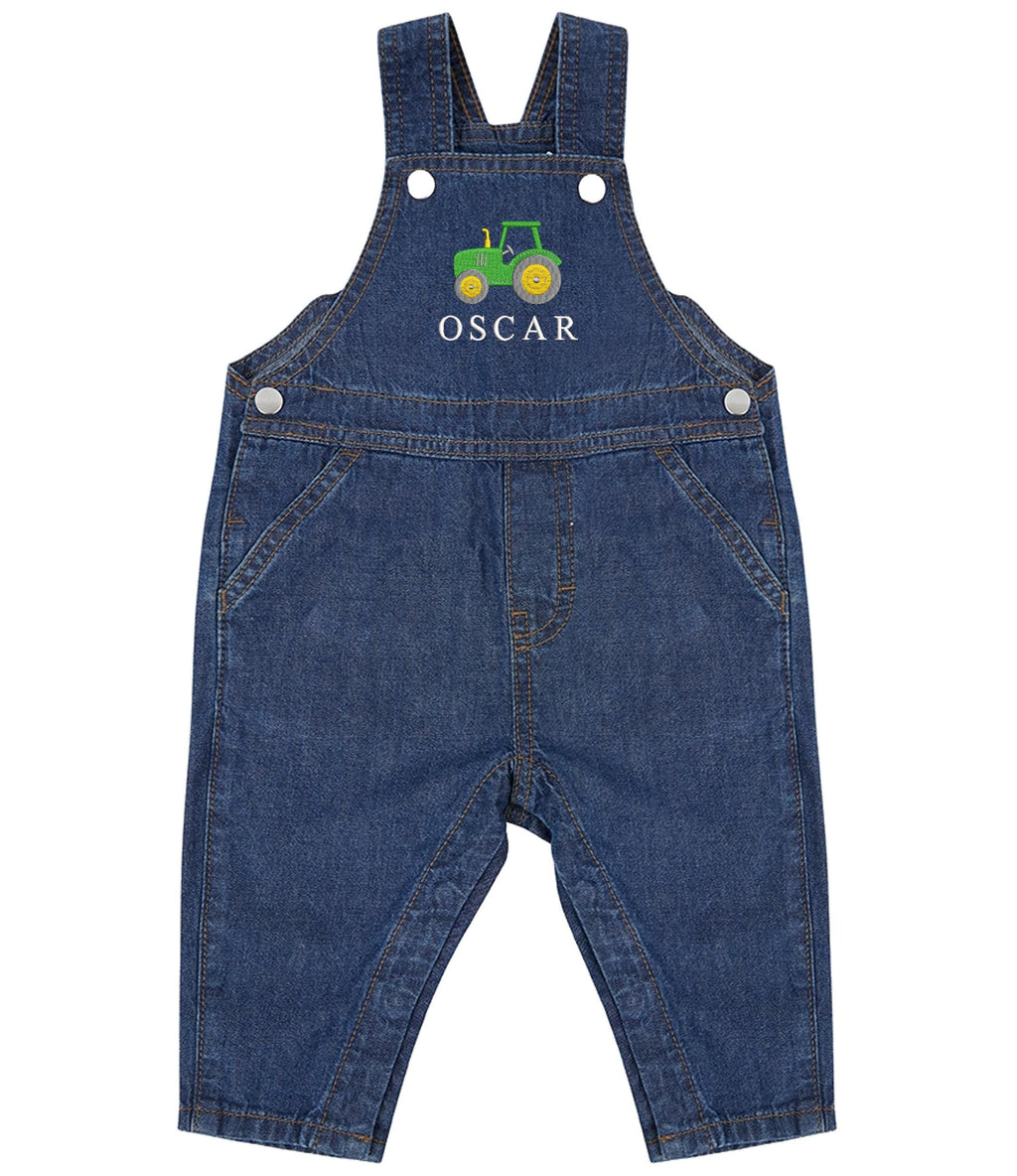 Embroidered Personalised Name Baby & Toddler Cotton Denim Dungarees Custom Text Farm Tractor Boys Gift