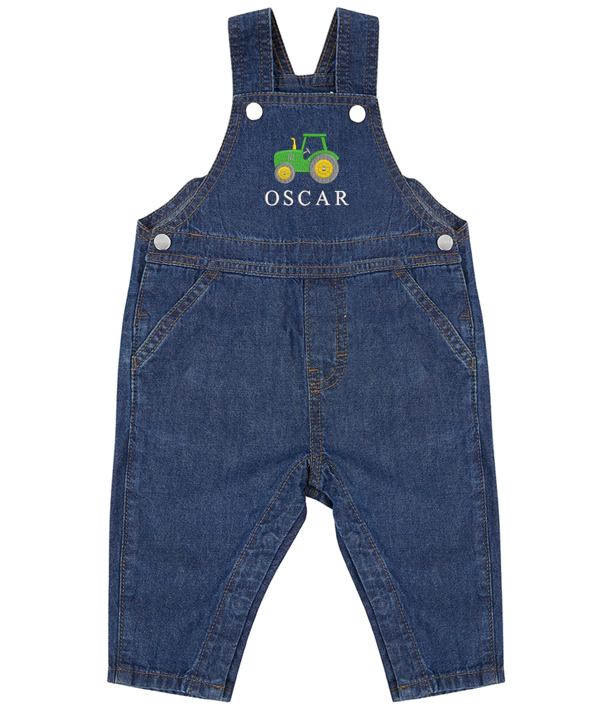 Embroidered Personalised Name Baby & Toddler Cotton Denim Dungarees Custom Text Farm Tractor Boys Gift