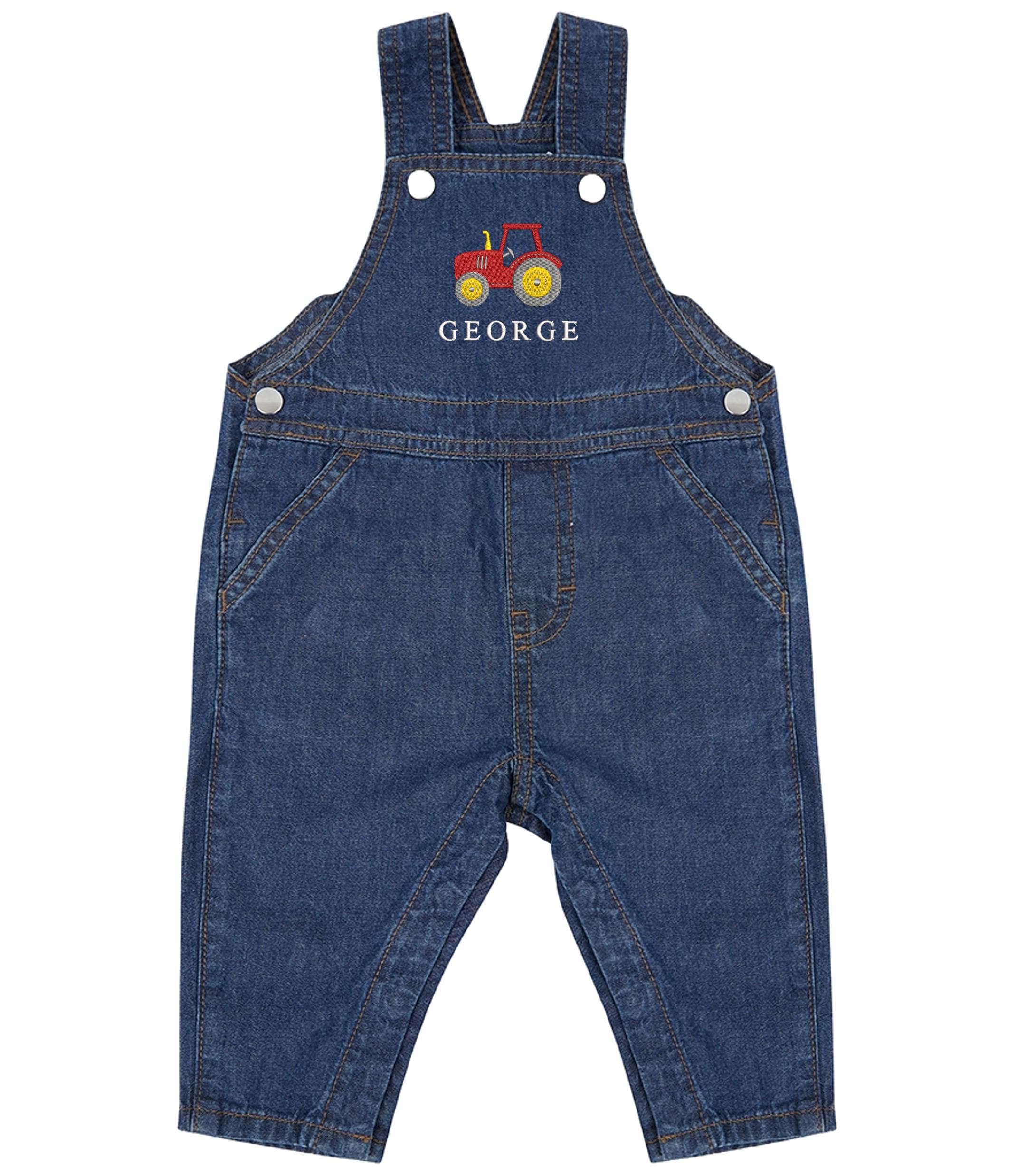 Embroidered Personalised Name Baby & Toddler Cotton Denim Dungarees Custom Text Farm Tractor Boys Gift