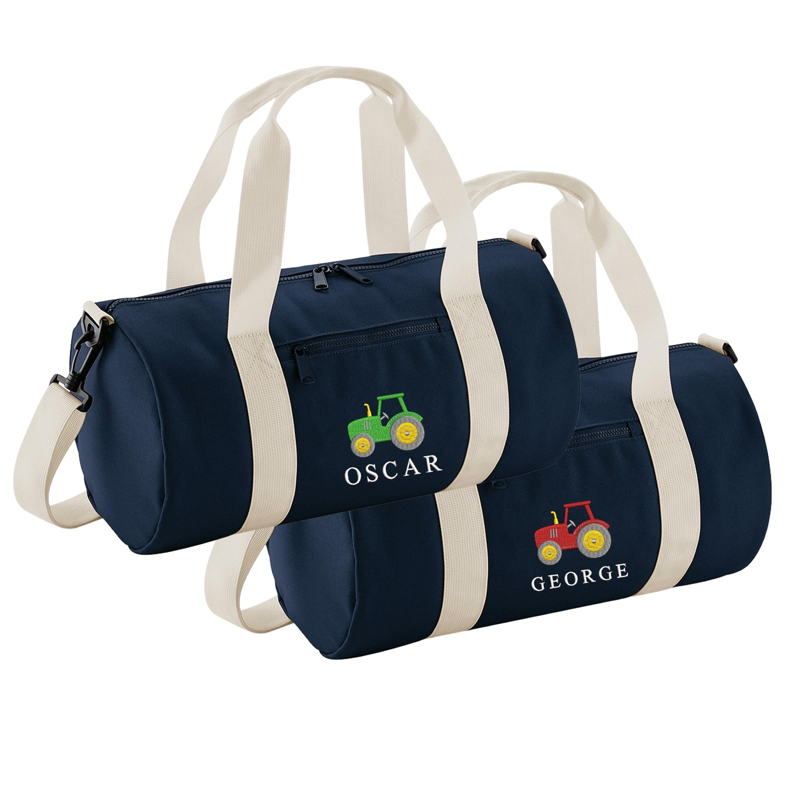 Embroidered Kids Tractor Personalised Name Mini Barrel Bag Boys Custom School Nursery Holdall Bag