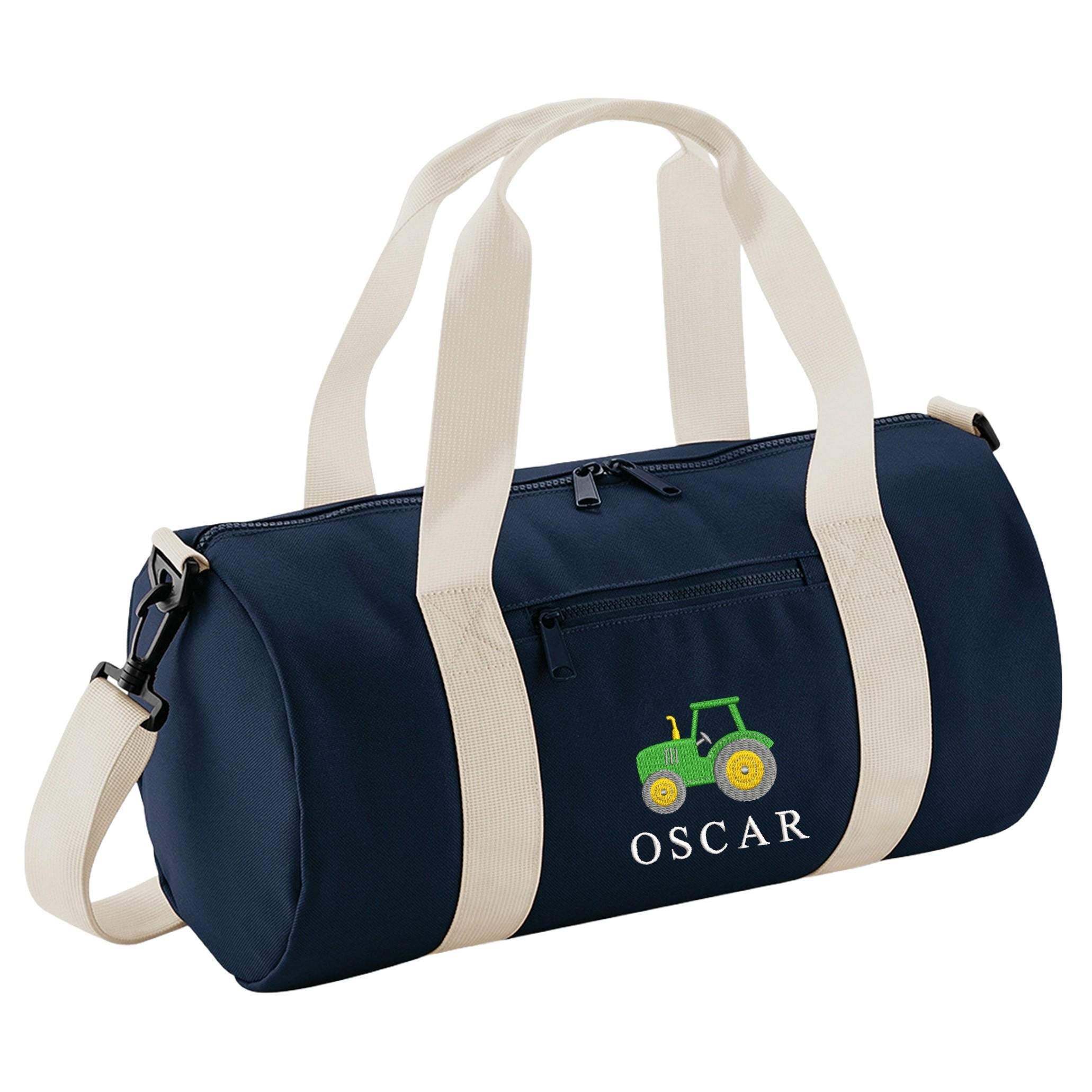 Embroidered Kids Tractor Personalised Name Mini Barrel Bag Boys Custom School Nursery Holdall Bag
