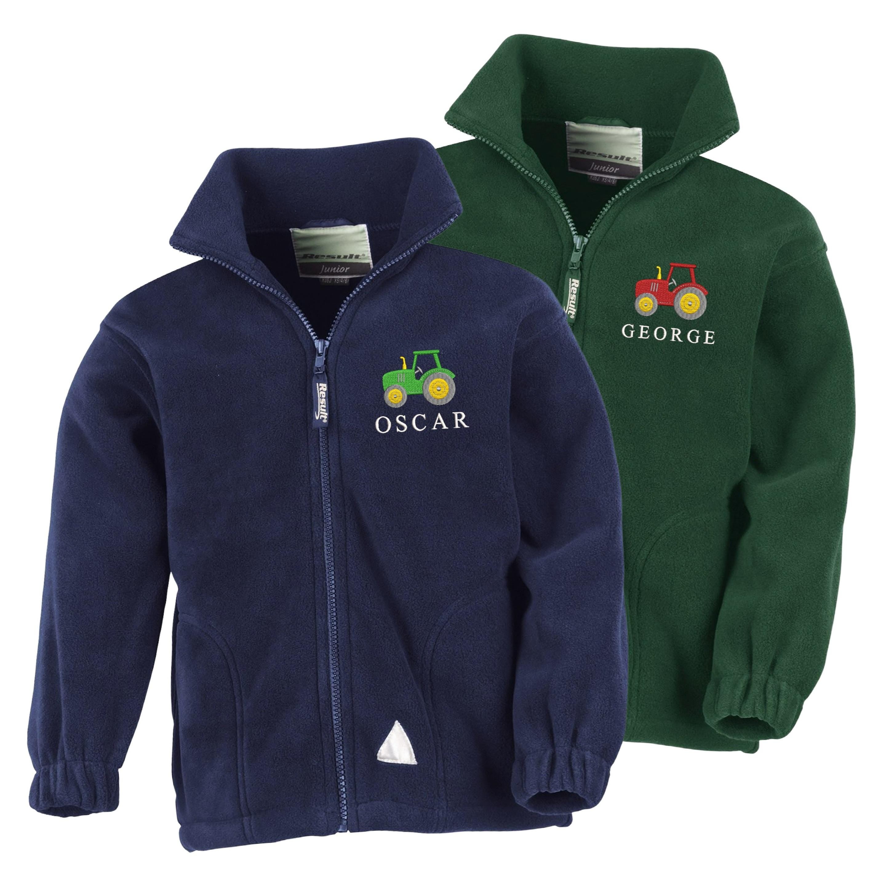 Embroidered Tractor Personalised Name Boys Fleece Jacket Navy Kids Custom Text Farm Coat