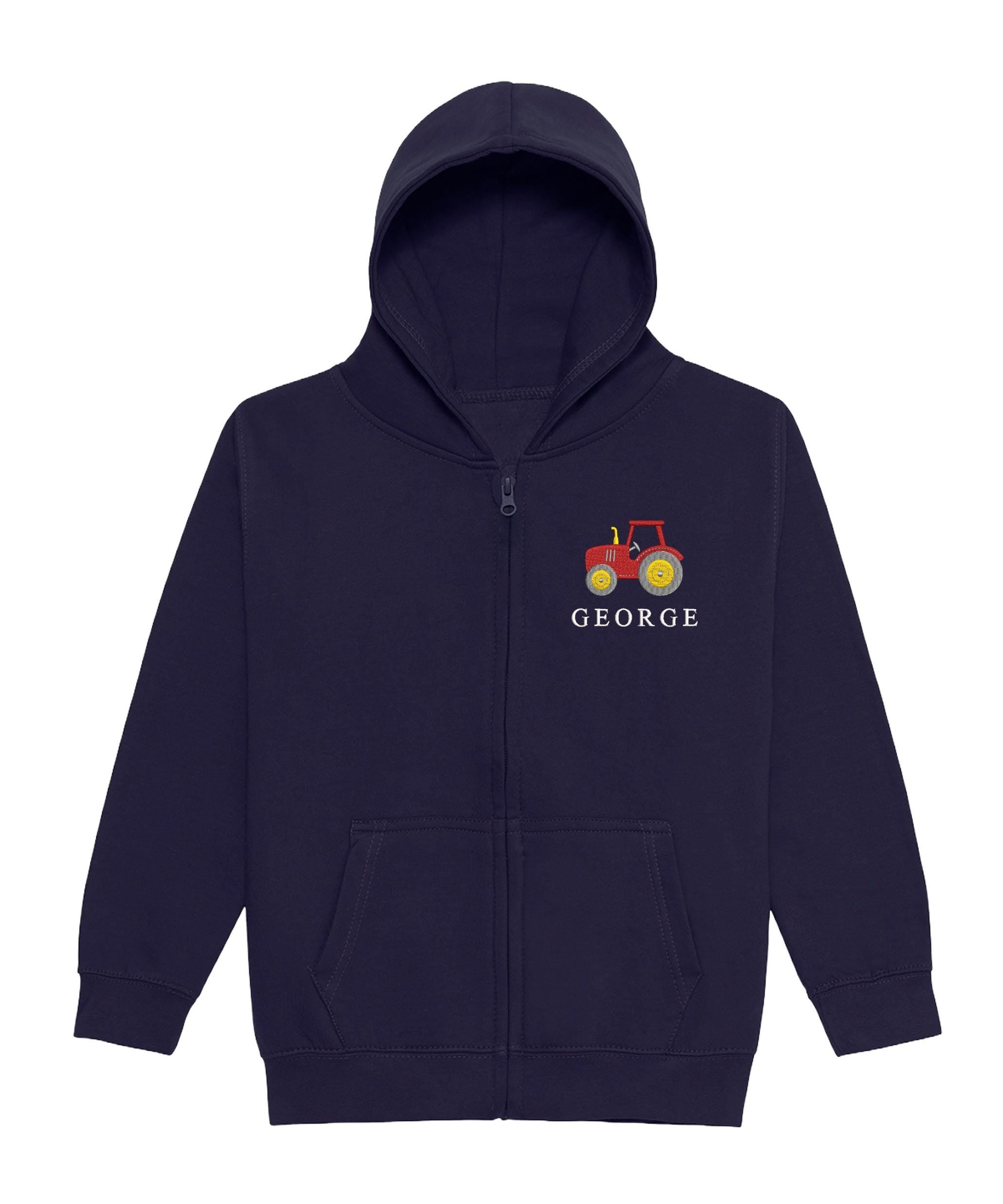 Embroidered Tractor Personalised Name Boys Zip Hoodie Navy Kids Custom Text Farm Jacket