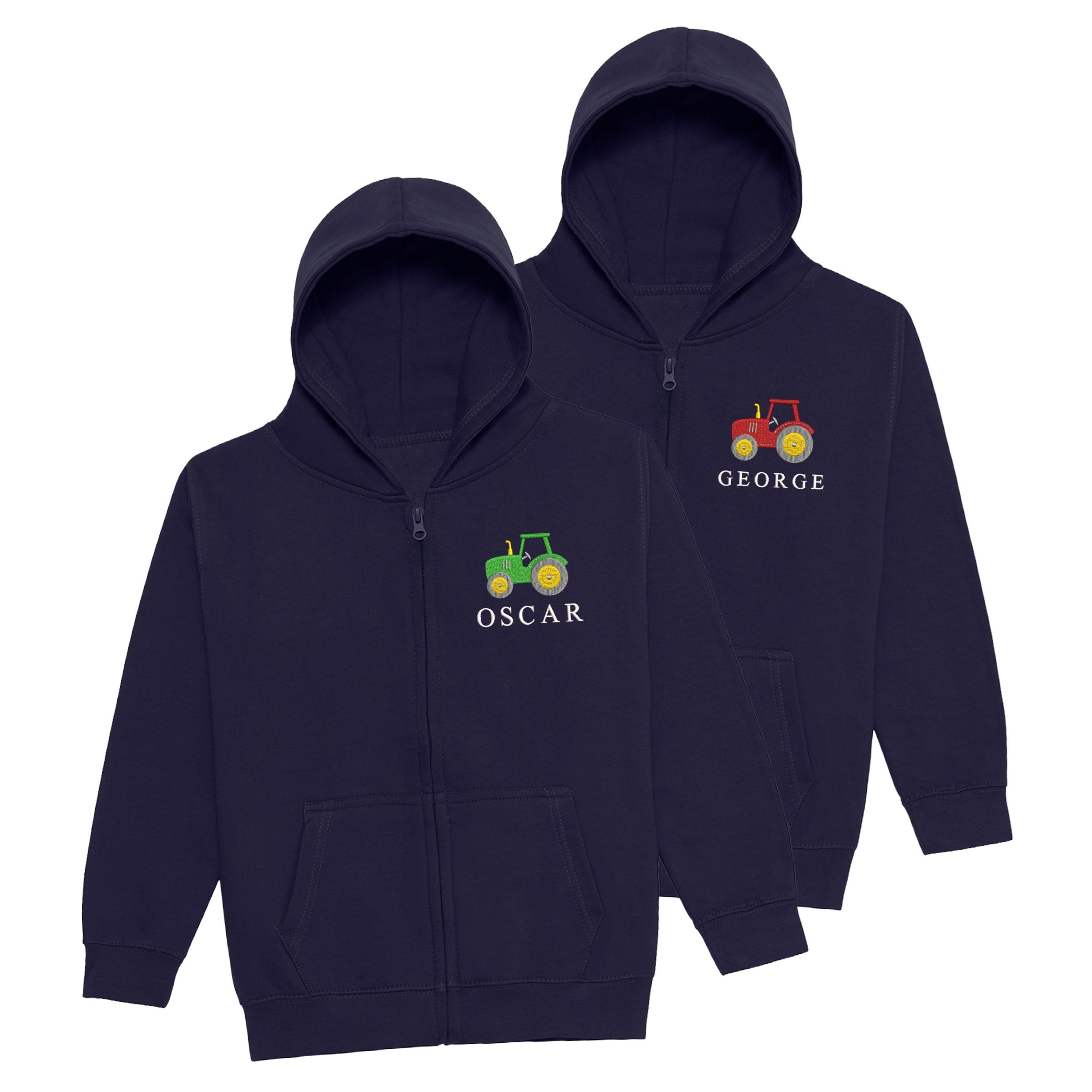 Embroidered Tractor Personalised Name Boys Zip Hoodie Navy Kids Custom Text Farm Jacket