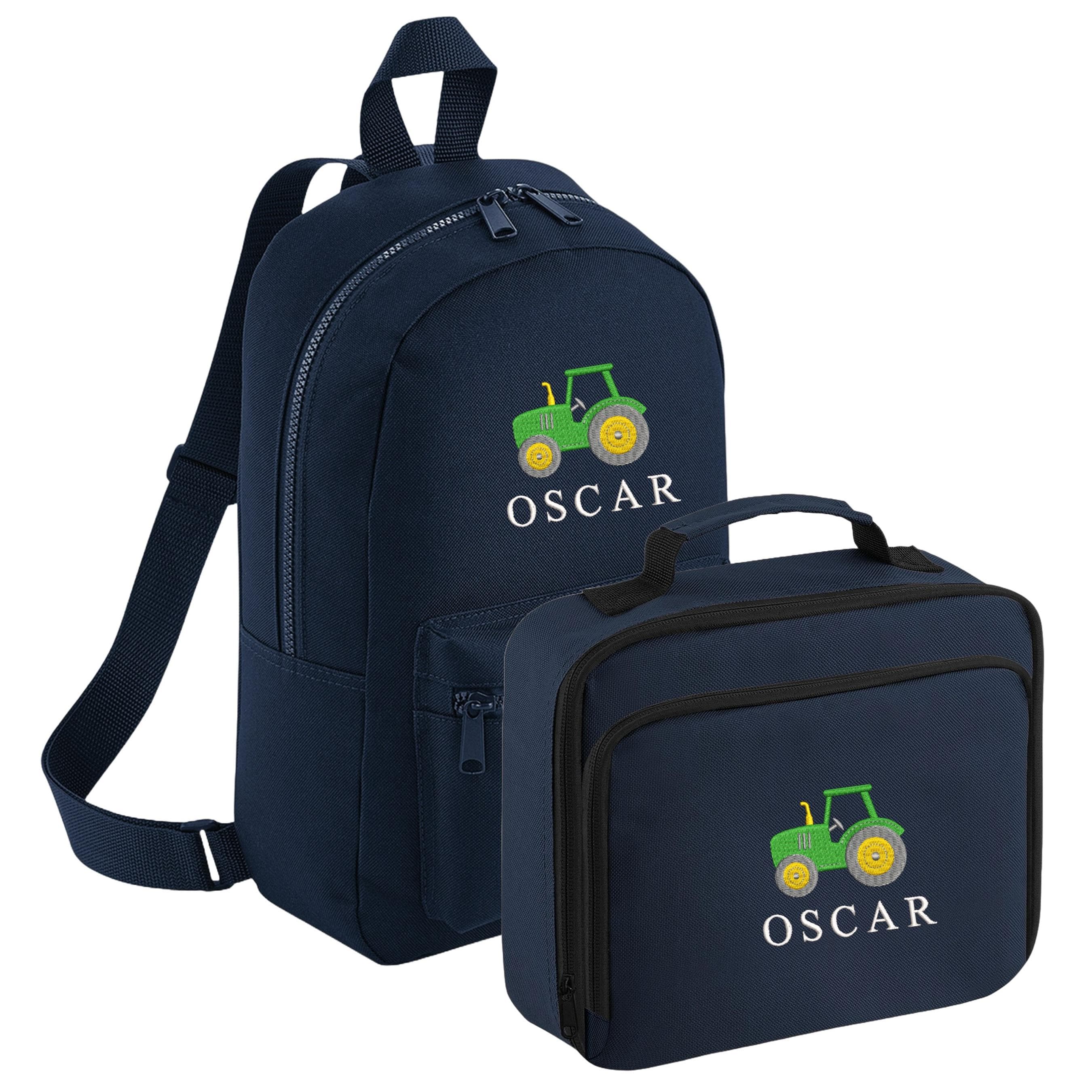 Embroidered Tractor Kids Personalised Name Backpack & Lunch Bag Set Boys Navy Custom School Rucksack Nursery Bag