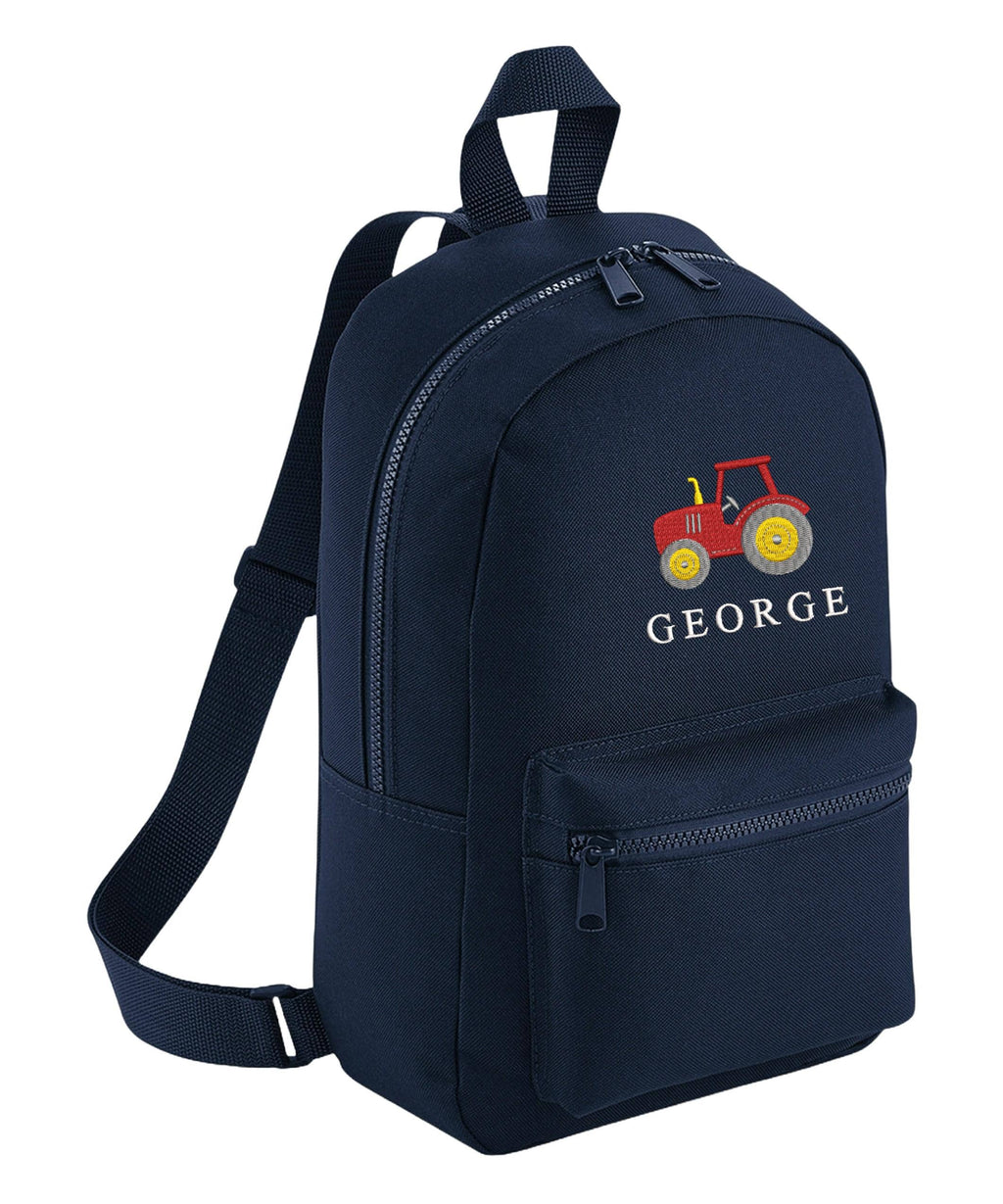 Embroidered Tractor Kids Personalised Name Backpack, Lunch Bag, PE Kit Gymsac Set Boys Navy Custom School Rucksack Nursery Bag