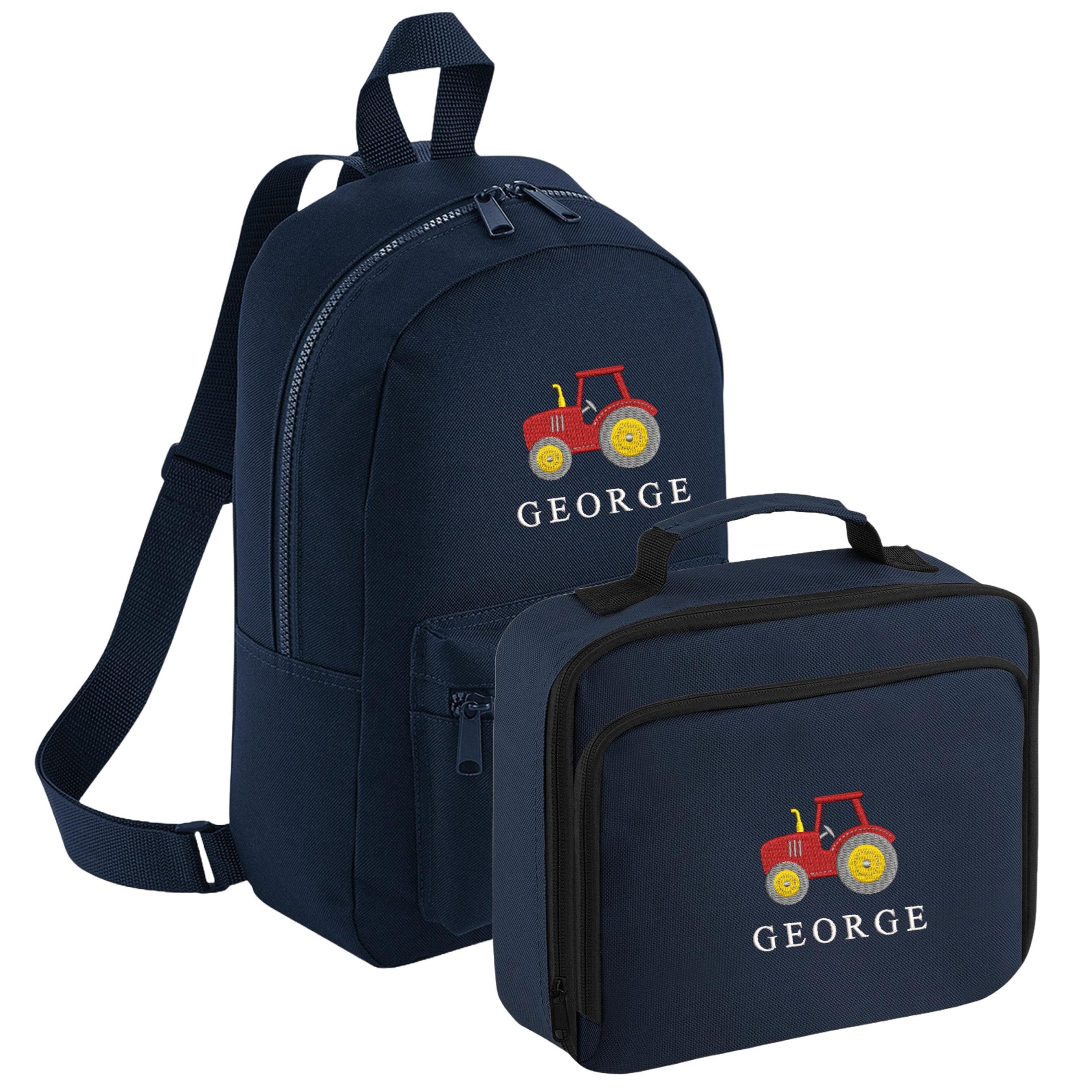 Embroidered Tractor Kids Personalised Name Backpack & Lunch Bag Set Boys Navy Custom School Rucksack Nursery Bag