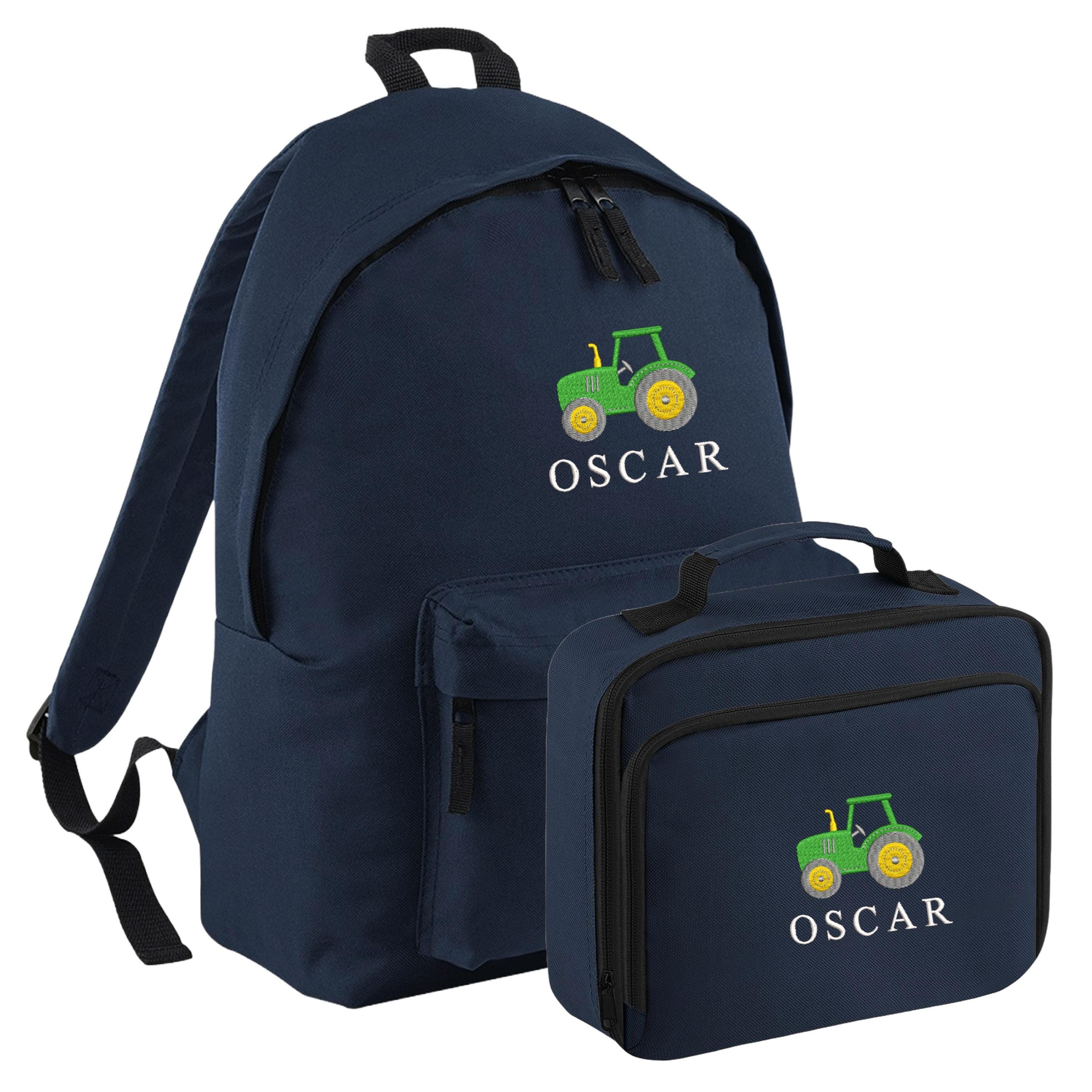 Embroidered Tractor Kids Personalised Name Backpack & Lunch Bag Set Boys Navy Custom School Rucksack Nursery Bag