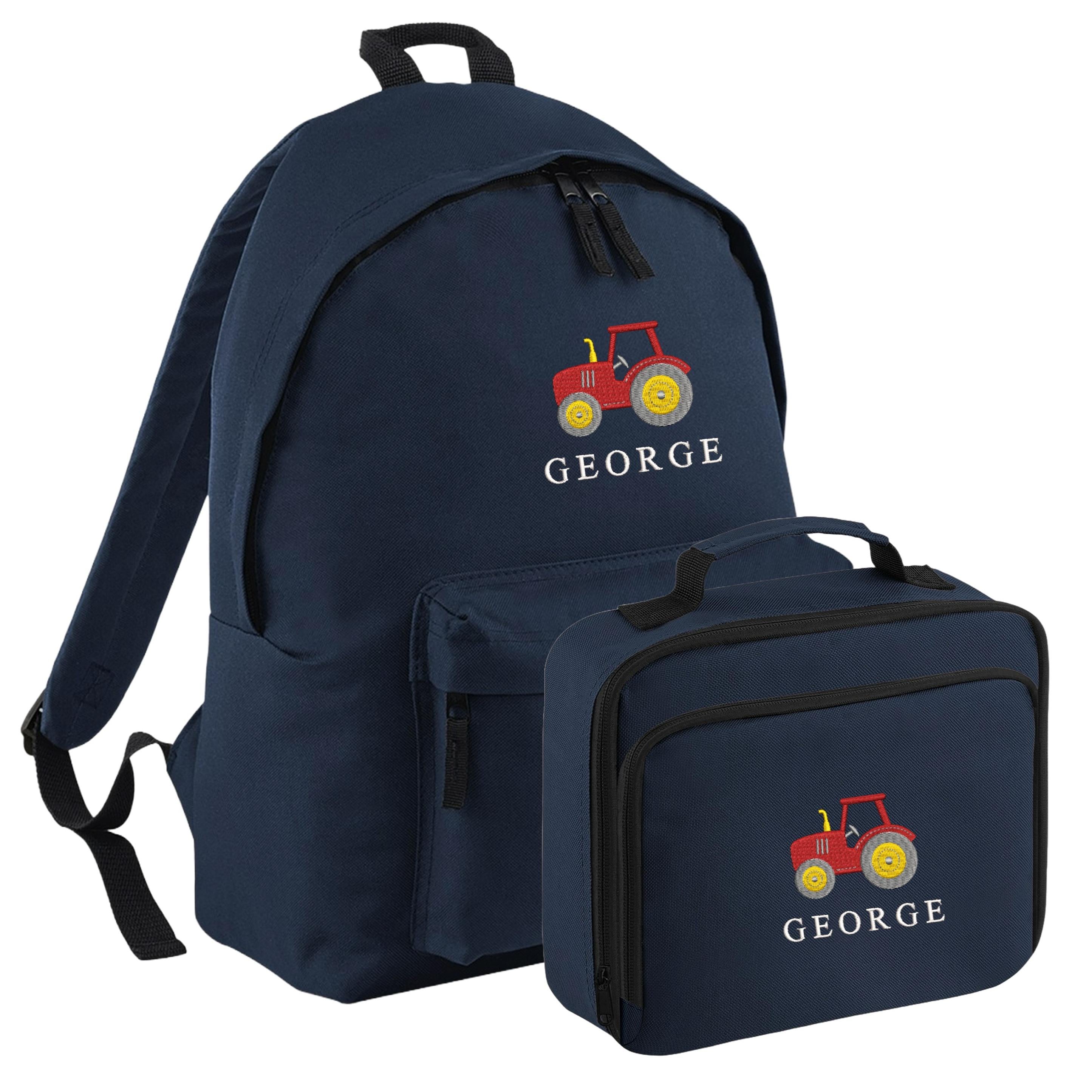 Embroidered Tractor Kids Personalised Name Backpack & Lunch Bag Set Boys Navy Custom School Rucksack Nursery Bag