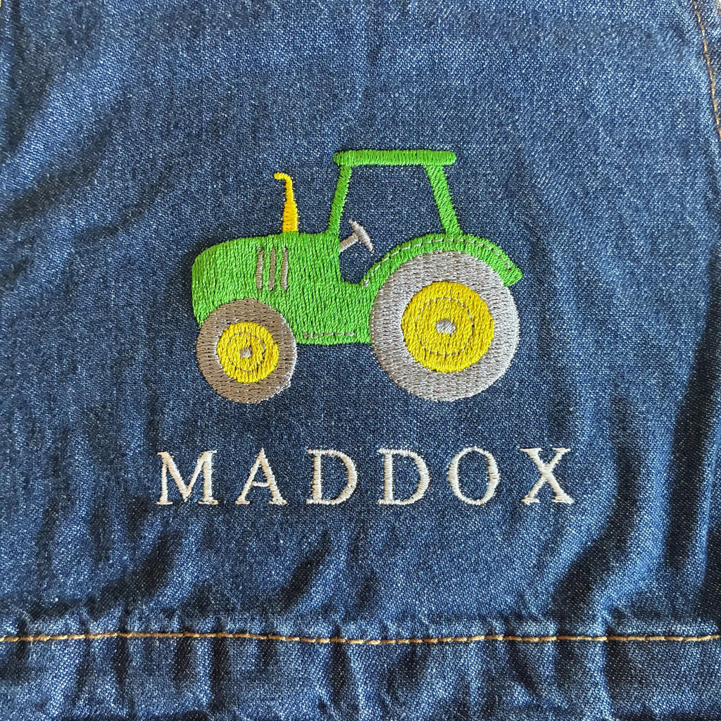 Embroidered Personalised Name Baby & Toddler Cotton Denim Dungarees Custom Text Farm Tractor Boys Gift