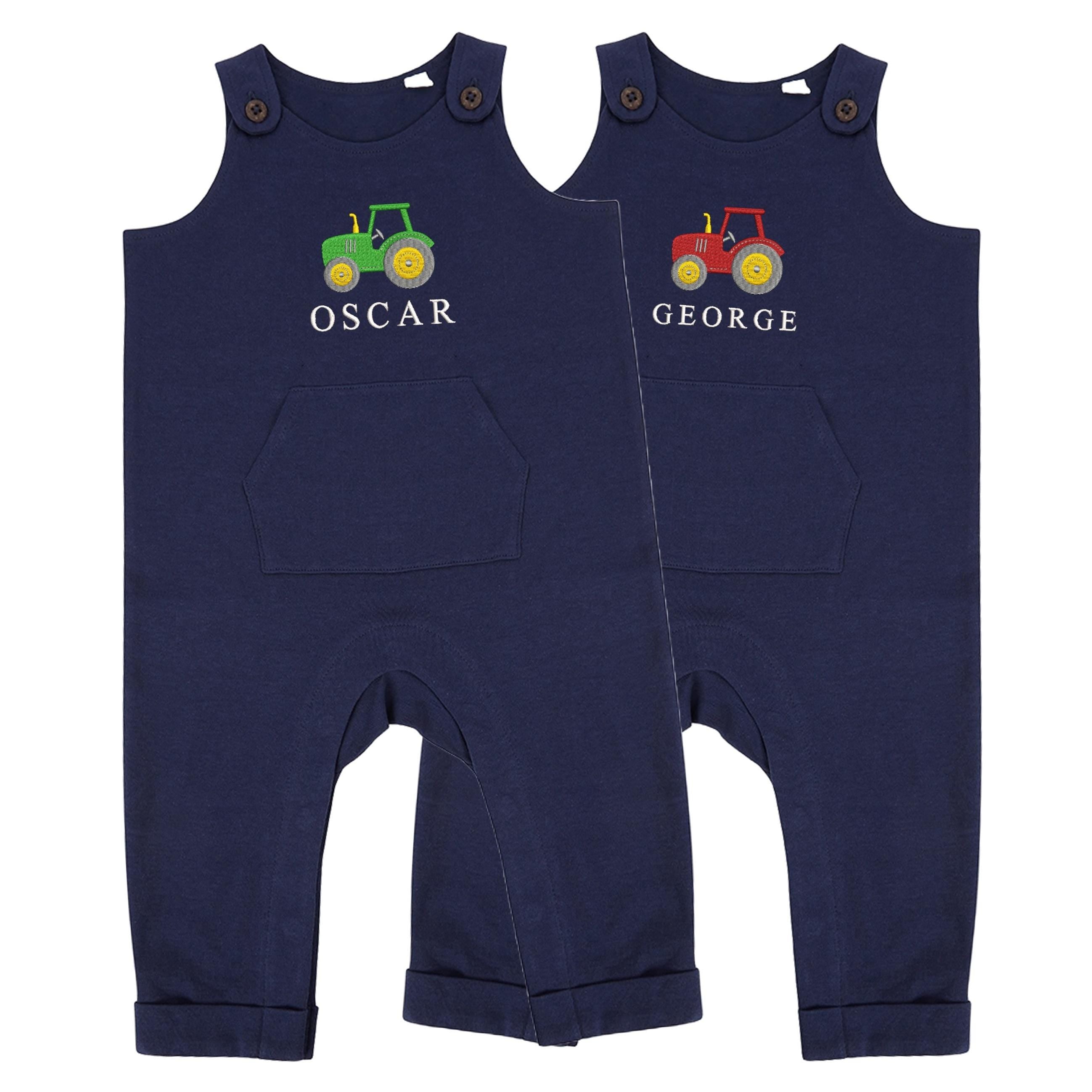 Embroidered Personalised Name Baby & Toddler Organic Cotton Dungarees Custom Text Farm Tractor Boys Gift