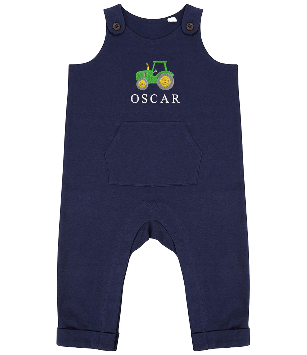 Embroidered Personalised Name Baby & Toddler Organic Cotton Dungarees Custom Text Farm Tractor Boys Gift