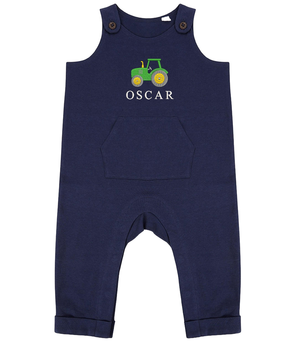 Embroidered Personalised Name Baby & Toddler Organic Cotton Dungarees Custom Text Farm Tractor Boys Gift