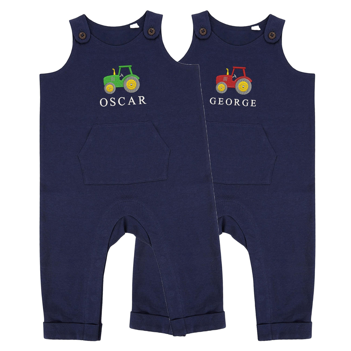 Embroidered Personalised Name Baby & Toddler Organic Cotton Dungarees Custom Text Farm Tractor Boys Gift