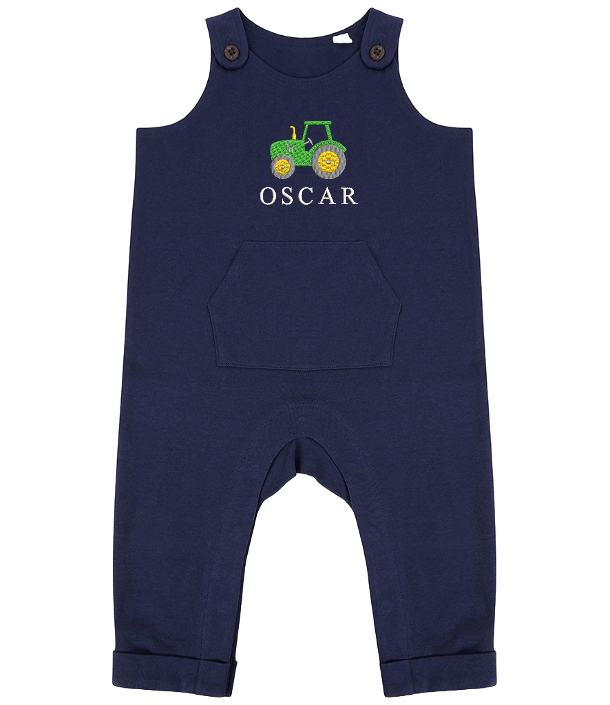 Embroidered Personalised Name Baby & Toddler Organic Cotton Dungarees Custom Text Farm Tractor Boys Gift