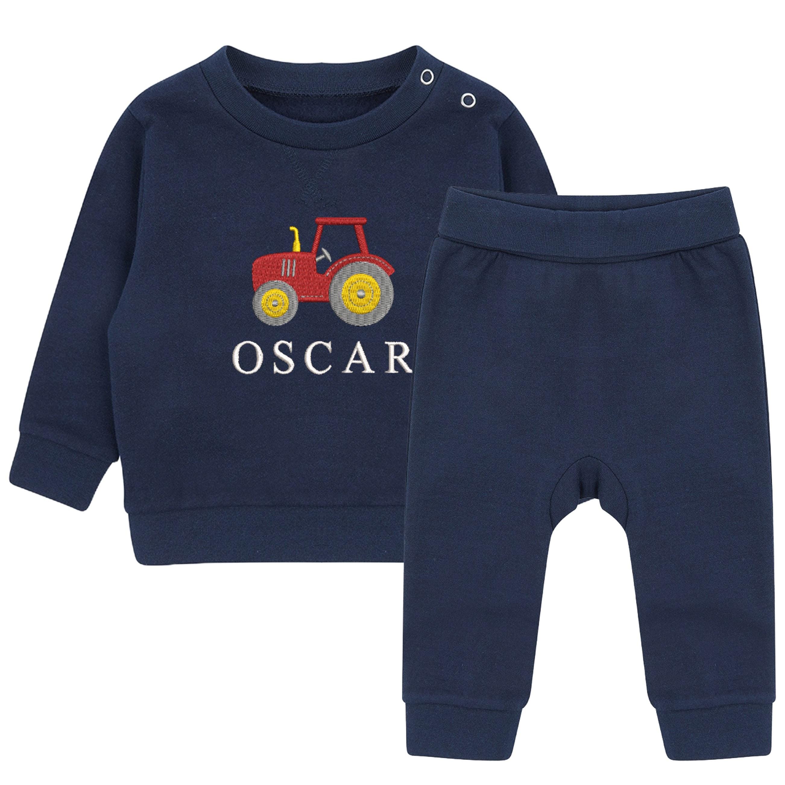 Embroidered Personalised Name Boys Sustainable Sweatshirt and Joggers Set Baby & Toddler Custom Text Tractor Cute Farm Outfit