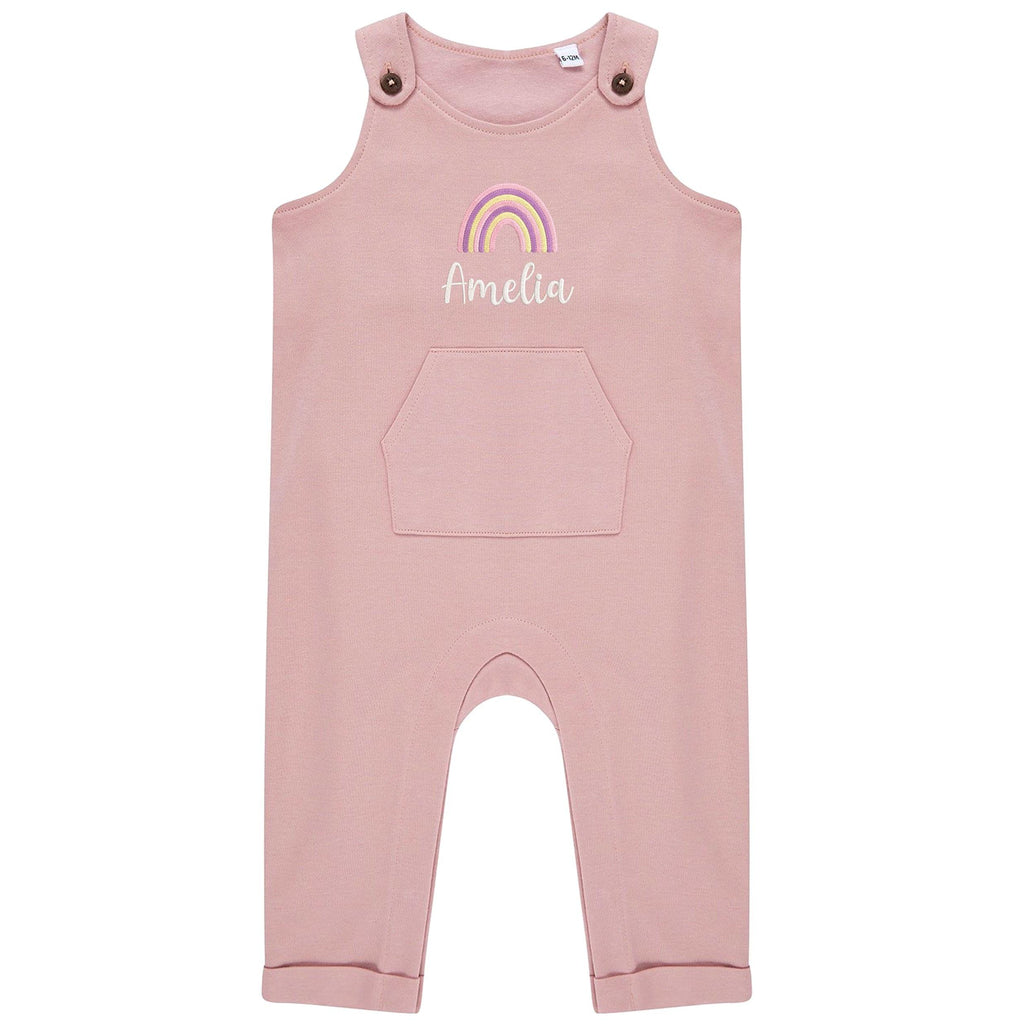 Embroidered Girls Personalised Pink Rainbow Name Baby & Toddler Organic Cotton Dungarees Custom Text Gift