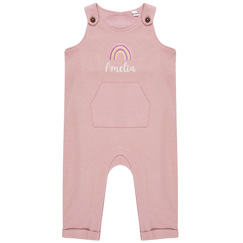 Embroidered Girls Personalised Pink Rainbow Name Baby & Toddler Organic Cotton Dungarees Custom Text Gift