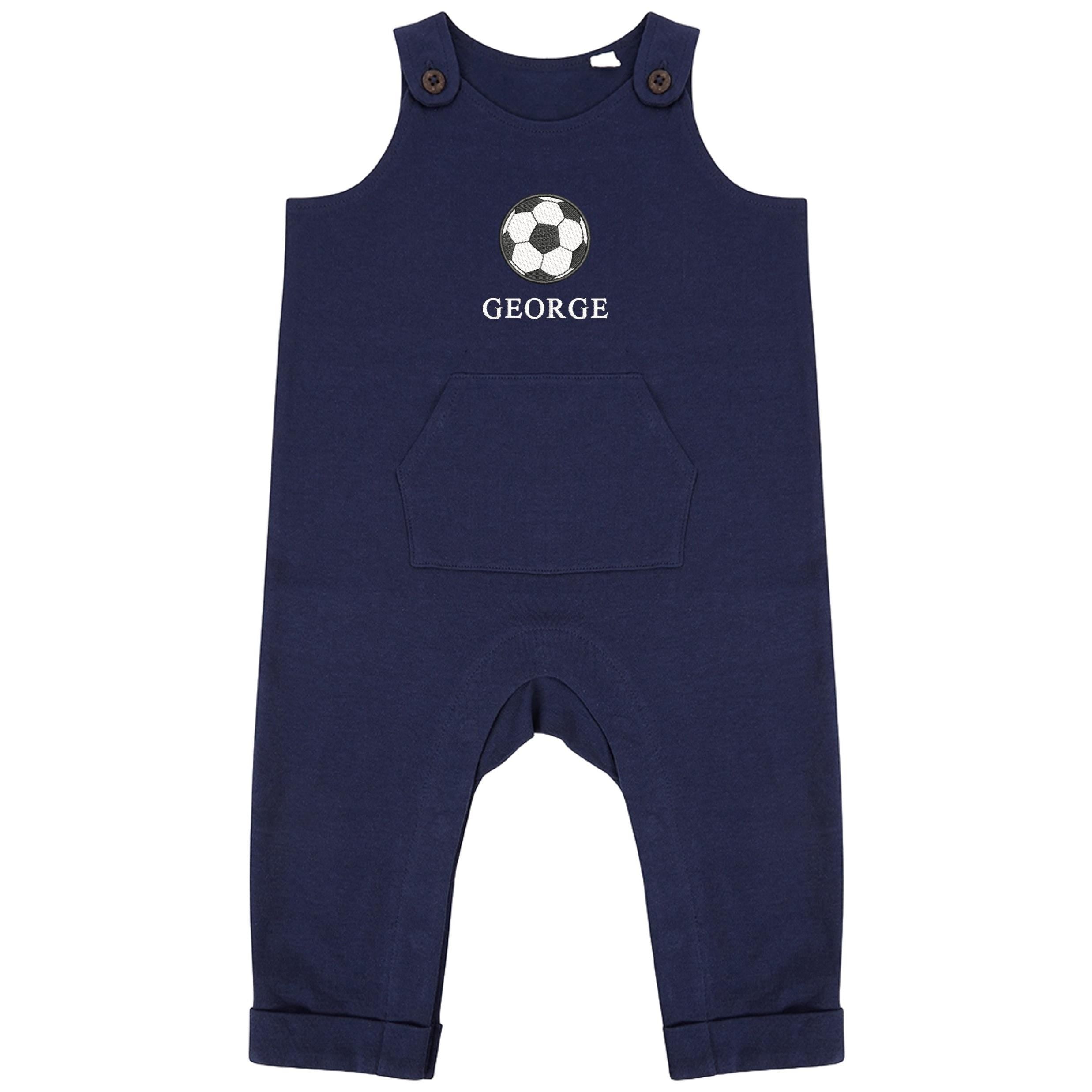 Embroidered Personalised Name Baby & Toddler Organic Cotton Dungarees Custom Text Football Boys Gift