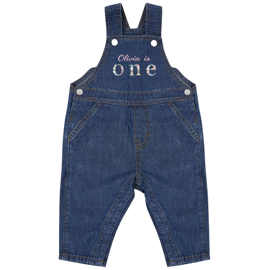 Embroidered Girls Personalised Name Is One Floral Cotton Denim Dungarees Baby & Toddler Pink 1st Birthday Party Outfit Gift