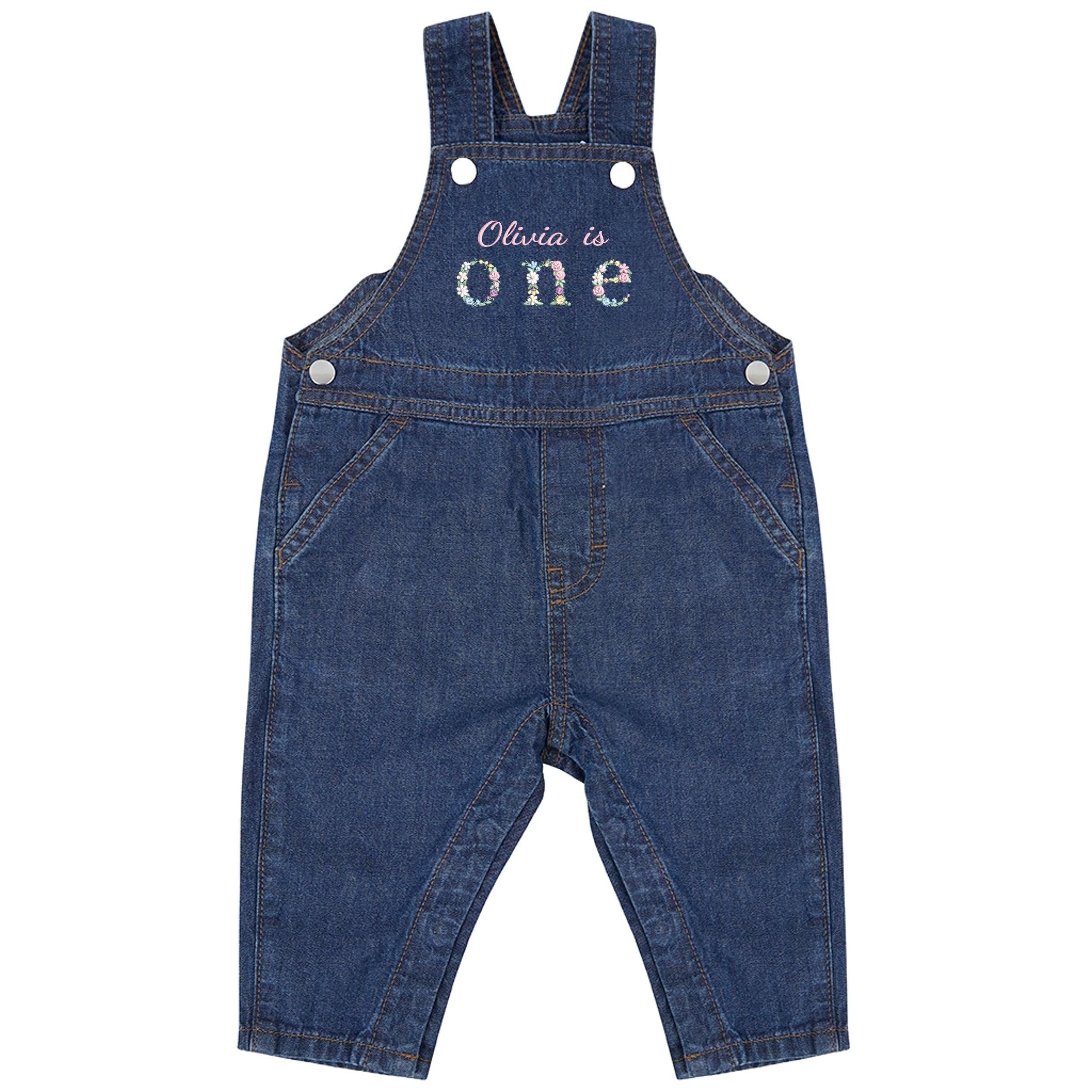 Embroidered Girls Personalised Name Is One Floral Cotton Denim Dungarees Baby & Toddler Pink 1st Birthday Party Outfit Gift