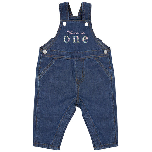 Embroidered Girls Personalised Name Is One Floral Cotton Denim Dungarees Baby & Toddler Pink 1st Birthday Party Outfit Gift