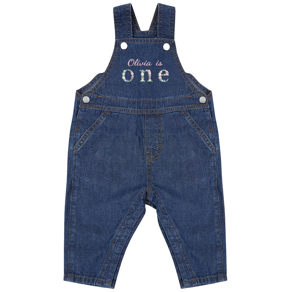 Embroidered Girls Personalised Name Is One Floral Cotton Denim Dungarees Baby & Toddler Pink 1st Birthday Party Outfit Gift