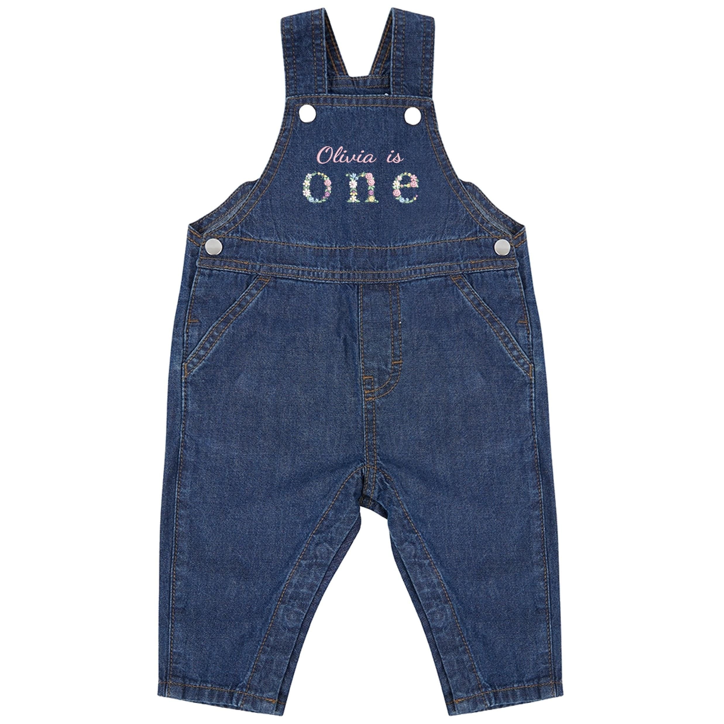 Embroidered Girls Personalised Name Is One Floral Cotton Denim Dungarees Baby & Toddler Pink 1st Birthday Party Outfit Gift