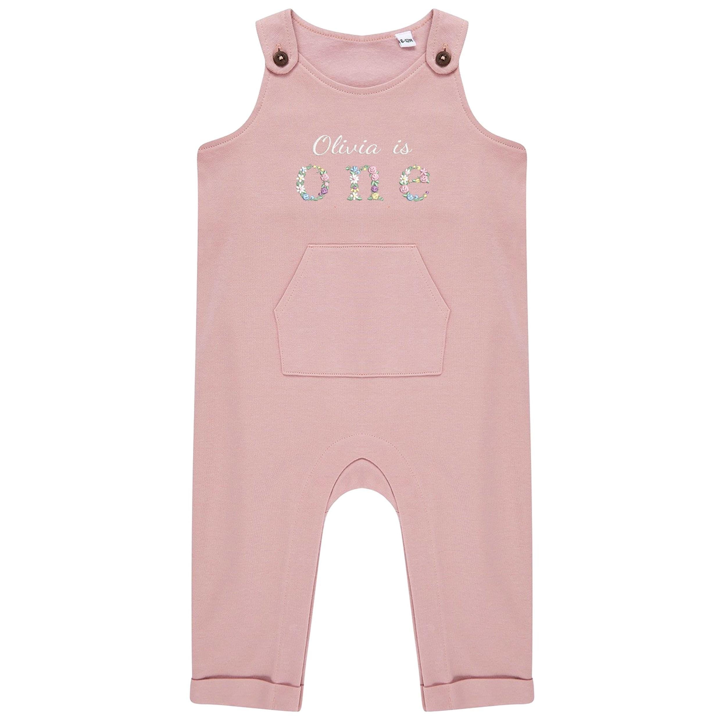 Embroidered Girls Personalised Name Is One Floral Organic Cotton Dungarees Baby & Toddler Pink 1st Birthday Party Outfit Gift