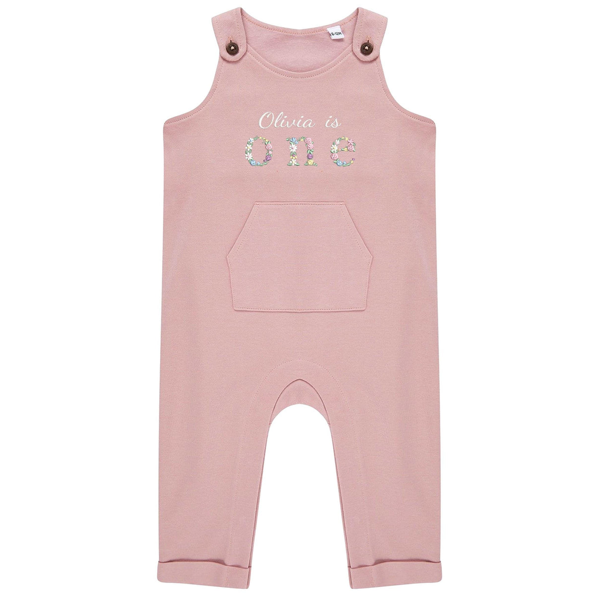Embroidered Girls Personalised Name Is One Floral Organic Cotton Dungarees Baby & Toddler Pink 1st Birthday Party Outfit Gift