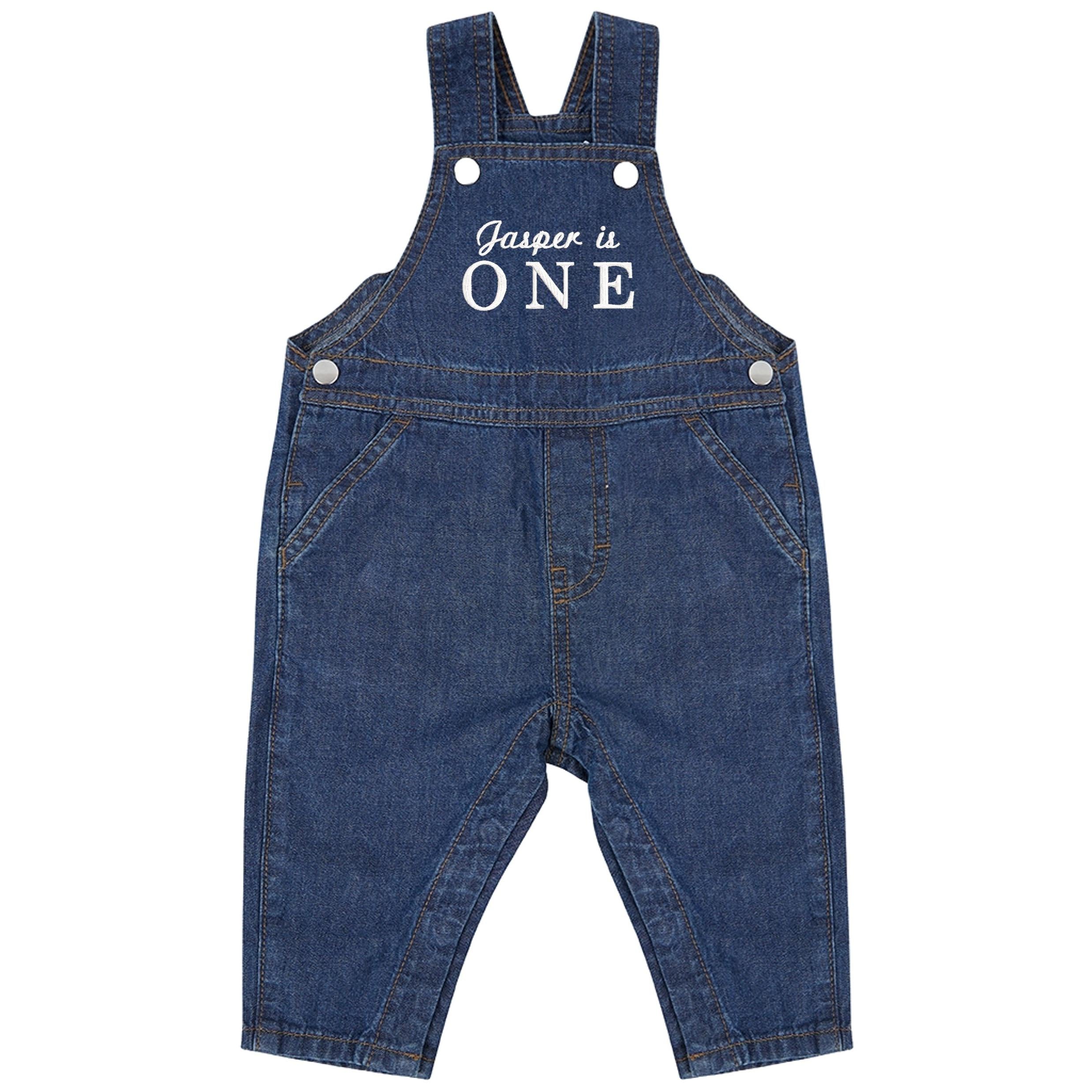 Embroidered Personalised Name Is One Cotton Denim Dungarees Baby & Toddler Girls Boys 1st Birthday Party Outfit Gift