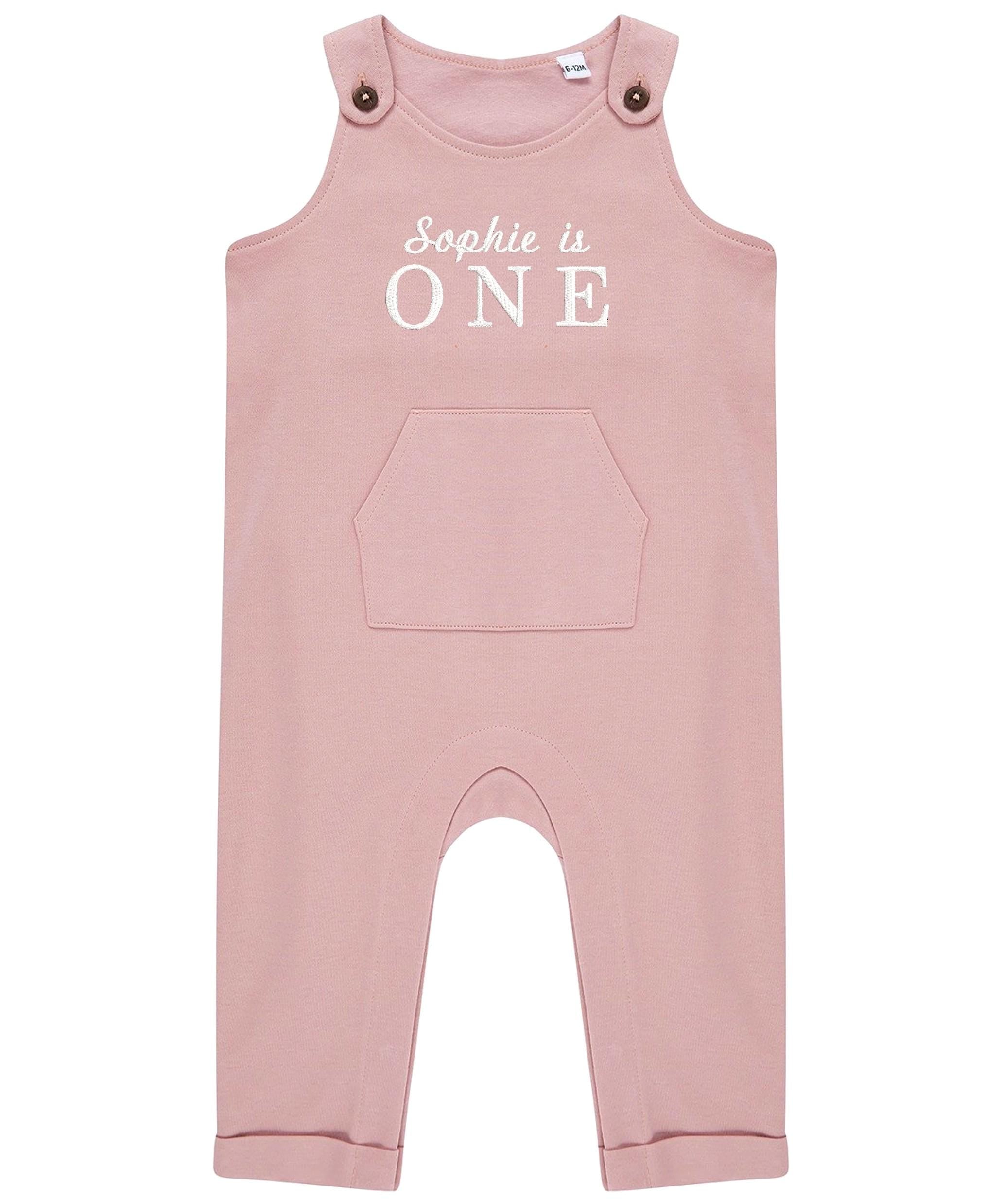Embroidered Personalised Name Is One Organic Cotton Dungarees Baby & Toddler Girls Boys 1st Birthday Party Outfit Gift