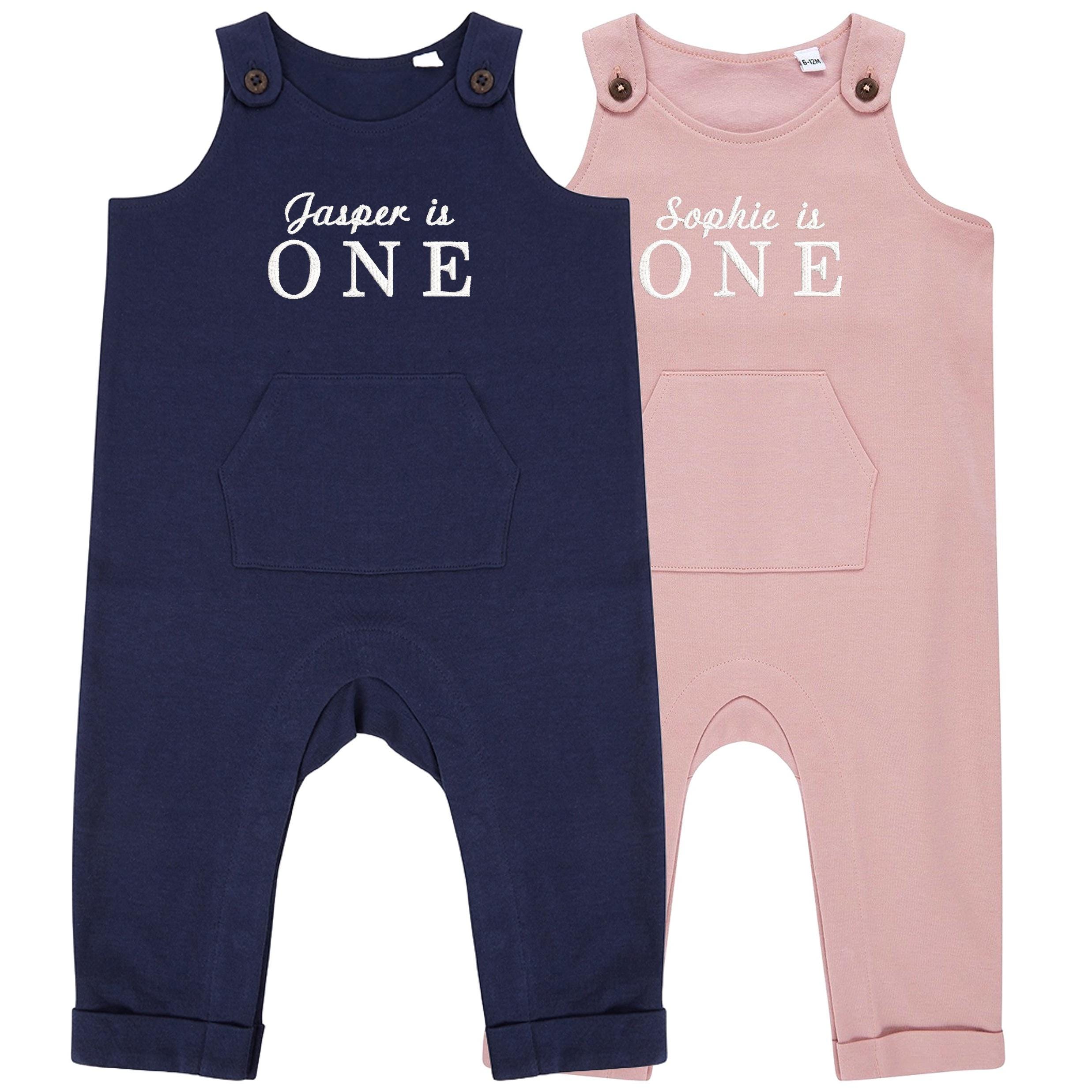 Embroidered Personalised Name Is One Organic Cotton Dungarees Baby & Toddler Girls Boys 1st Birthday Party Outfit Gift