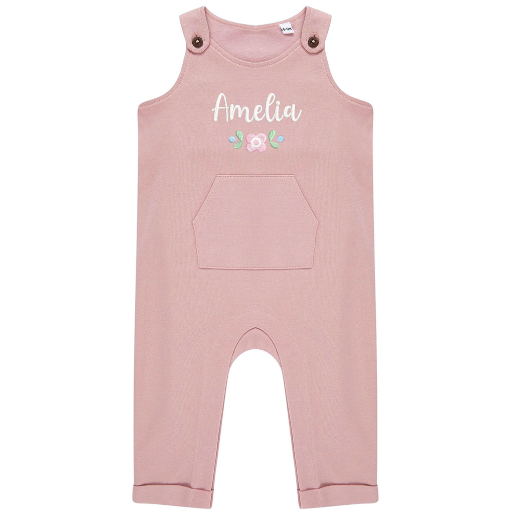 Embroidered Girls Personalised Pink Floral Name Baby & Toddler Organic Cotton Dungarees Custom Text Gift
