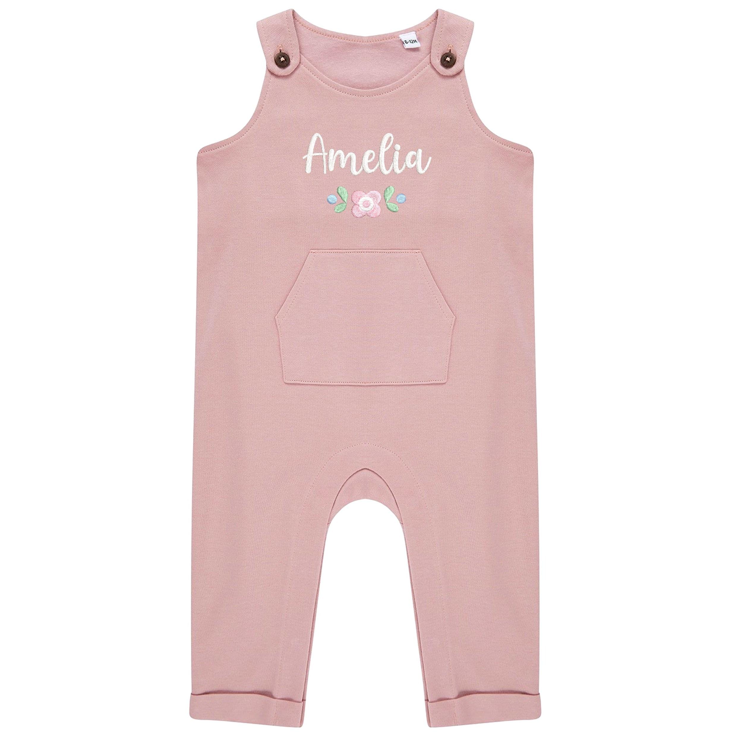 Embroidered Girls Personalised Pink Floral Name Baby & Toddler Organic Cotton Dungarees Custom Text Gift