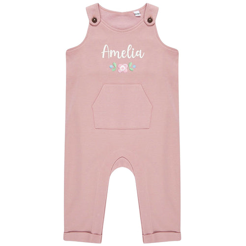Embroidered Girls Personalised Pink Floral Name Baby & Toddler Organic Cotton Dungarees Custom Text Gift