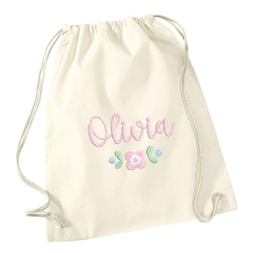Embroidered Girls Personalised Pink Floral Name Cotton Gymsac Custom Text School PE Bag Nursery Bag