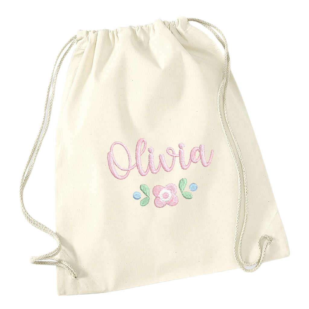 Embroidered Girls Personalised Pink Floral Name Cotton Gymsac Custom Text School PE Bag Nursery Bag