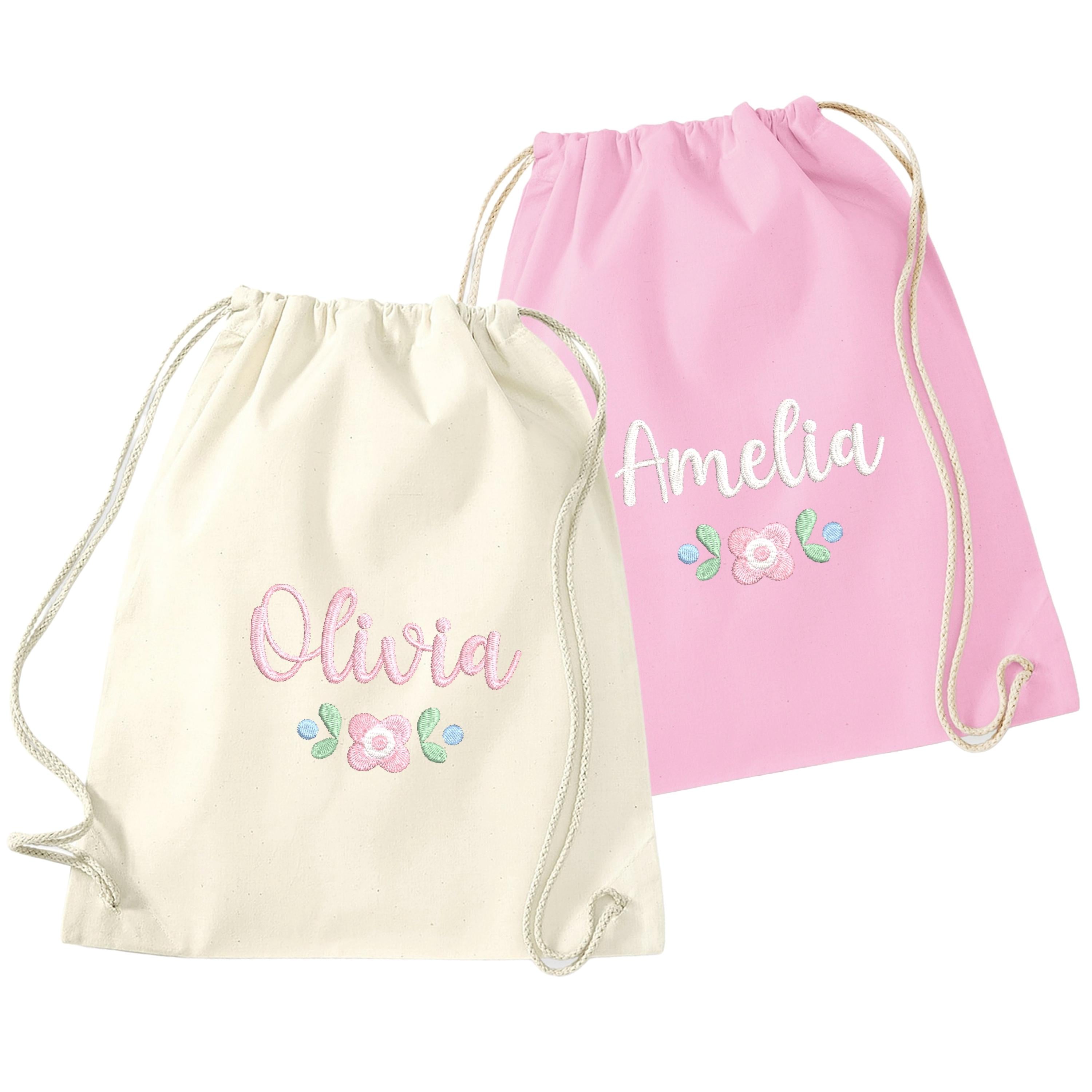 Embroidered Girls Personalised Pink Floral Name Cotton Gymsac Custom Text School PE Bag Nursery Bag