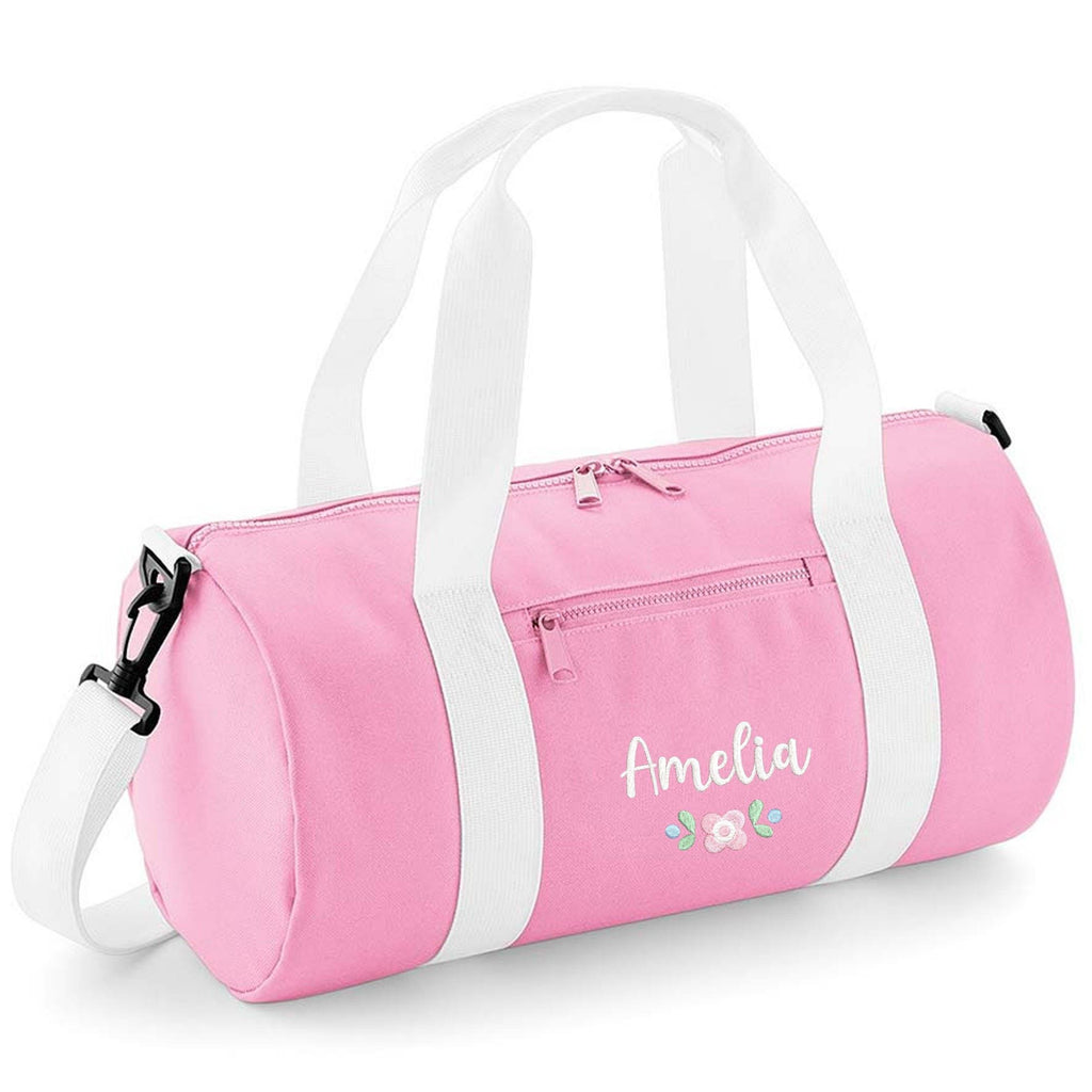 Embroidered Kids Personalised Name Pink Floral Mini Barrel Bag Girls Custom School Nursery Holdall Bag
