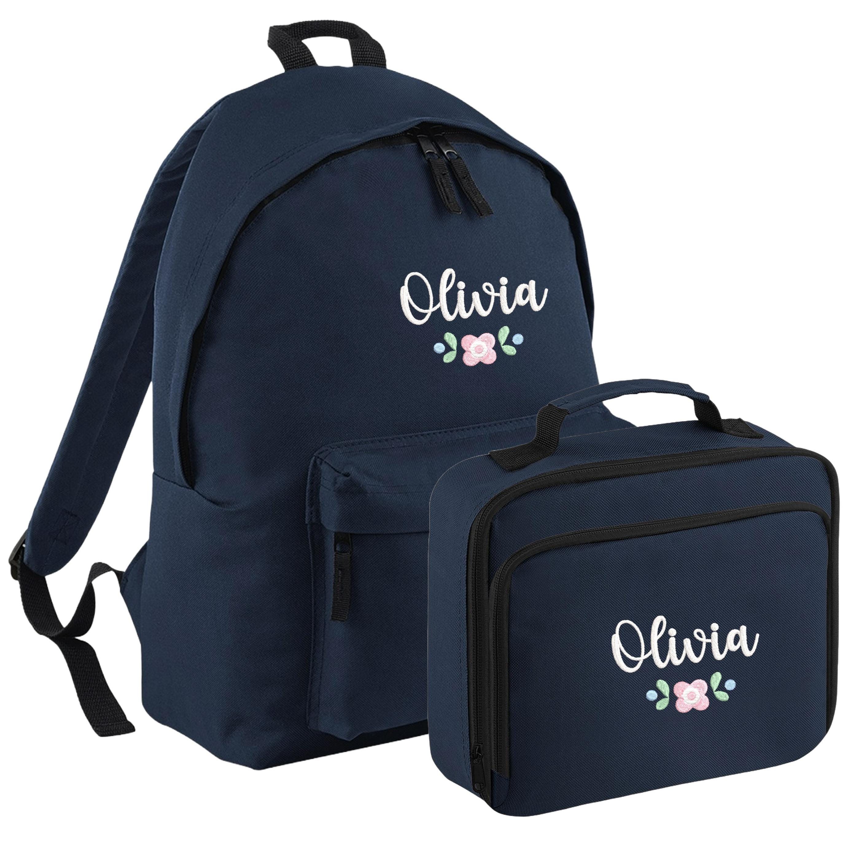 Embroidered Personalised Pink Floral Name Junior Backpack & Lunch Bag Set Girls Custom School Rucksack Nursery Bag