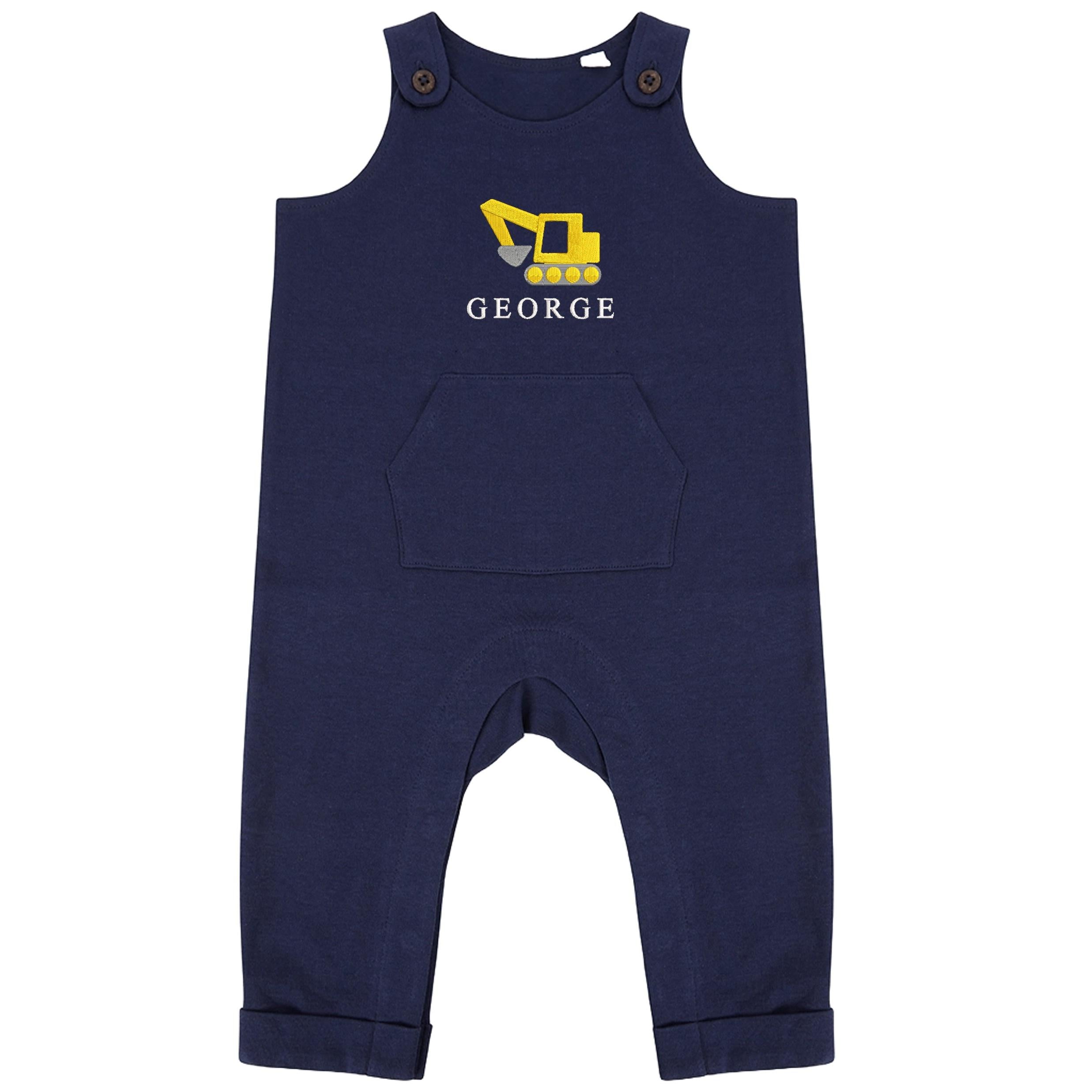 Embroidered Personalised Name Baby & Toddler Organic Cotton Dungarees Custom Text Digger Boys Gift