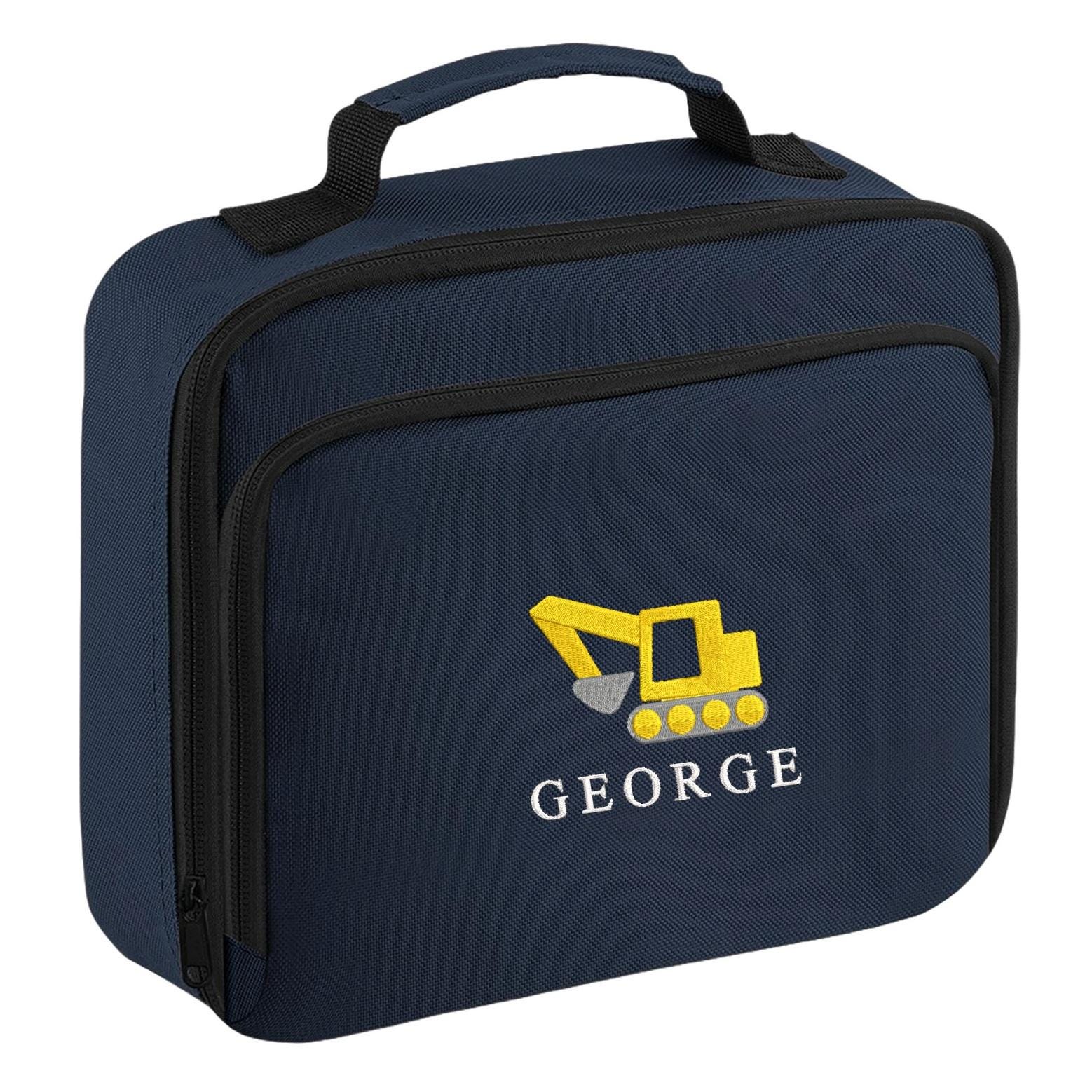 Embroidered Boys Personalised Name Digger Lunch Cool Bag Box Custom Text School Nursery