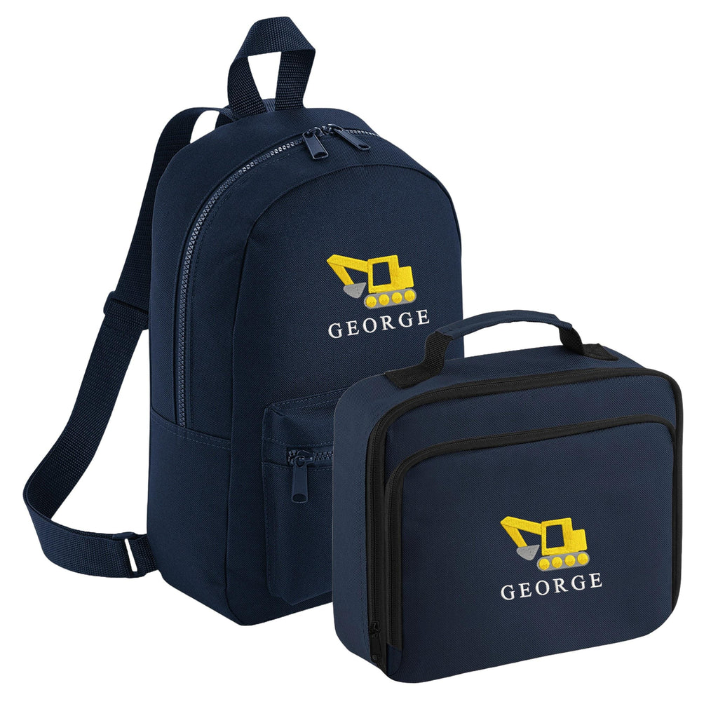 Embroidered Digger Kids Personalised Name Backpack & Lunch Bag Set Boys Navy Custom School Rucksack Nursery Bag