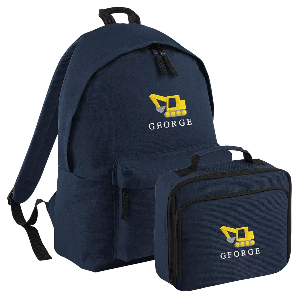Embroidered Digger Kids Personalised Name Backpack & Lunch Bag Set Boys Navy Custom School Rucksack Nursery Bag