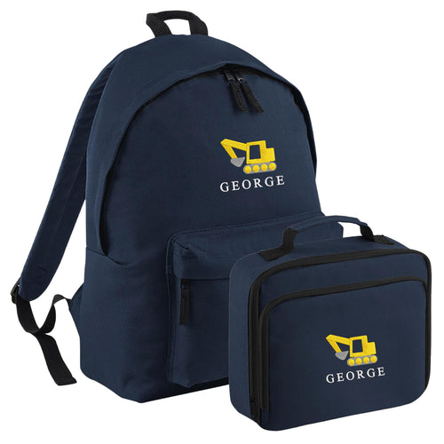 Embroidered Digger Kids Personalised Name Backpack & Lunch Bag Set Boys Navy Custom School Rucksack Nursery Bag