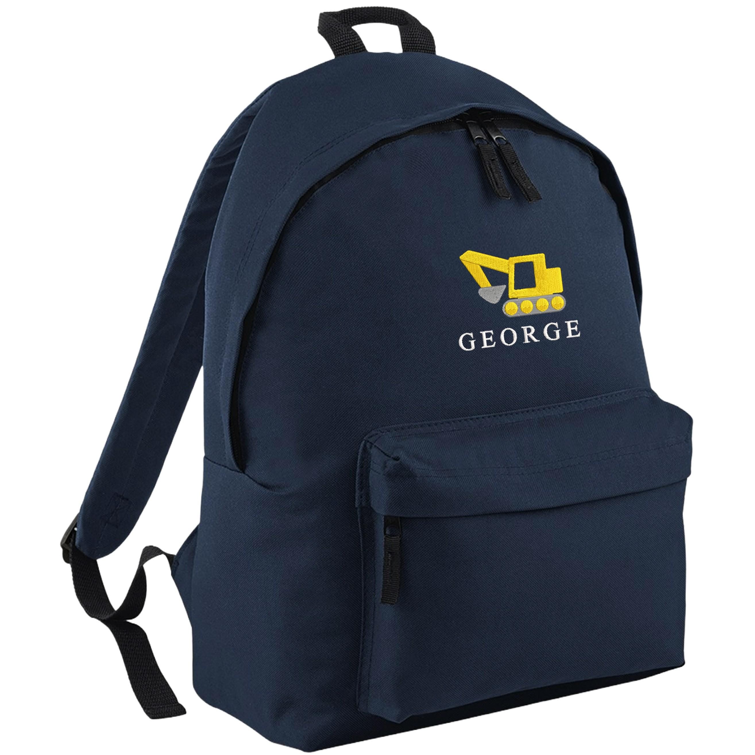 Embroidered Digger Kids Personalised Name Backpack & Lunch Bag Set Boys Navy Custom School Rucksack Nursery Bag
